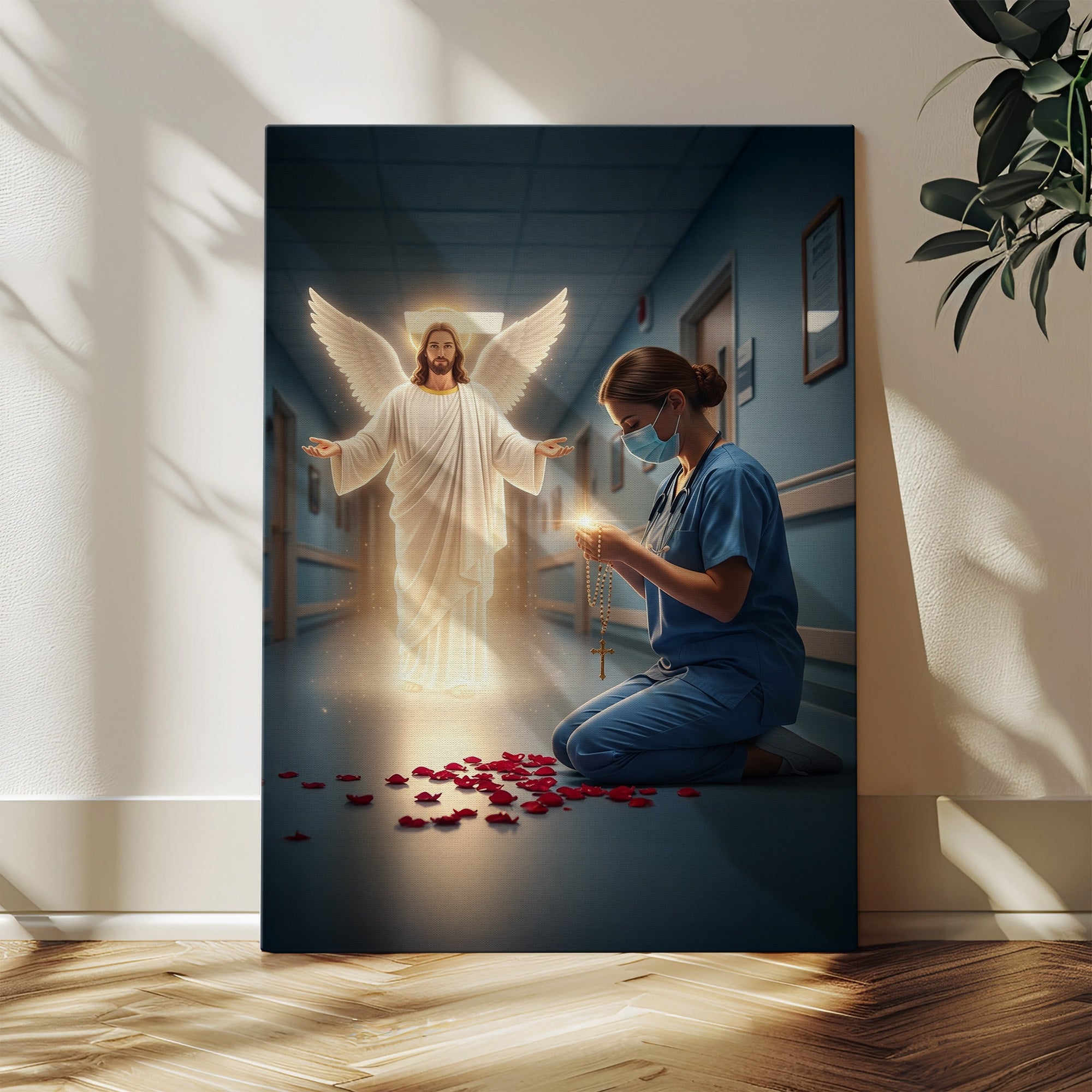 Christian Nurse Praying Canvas, Jesus Christ Angel and Nurse with Rosary Wall Art, RN LPN CNA Gift