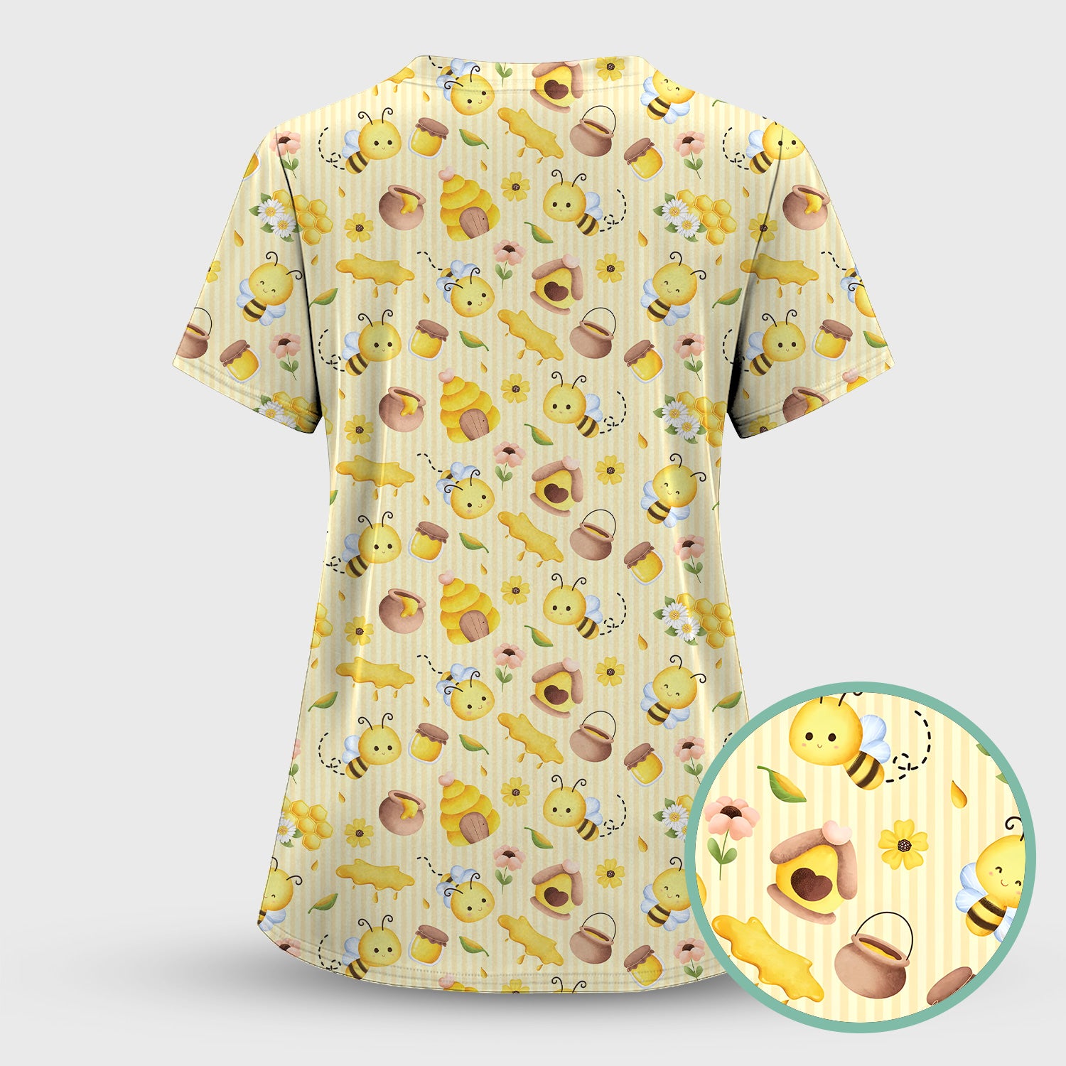 Cute Bee Honey Flower Stripe Pattern Scrub Set, Scrub Pants and V Neck Top
