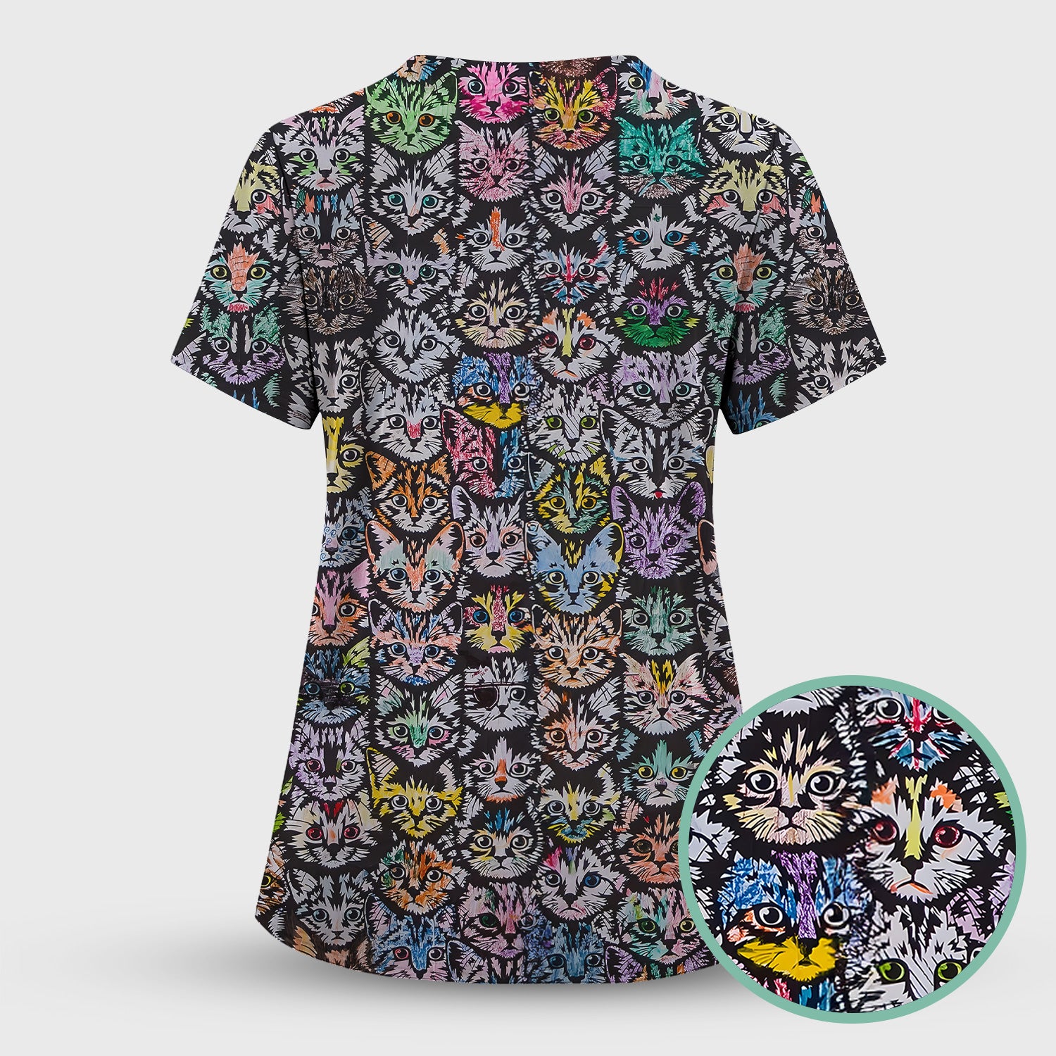 Colorful Cat Faces Pattern Scrub Set, Artistic Kitty Portrait Print, Scrub Pants and V Neck Top