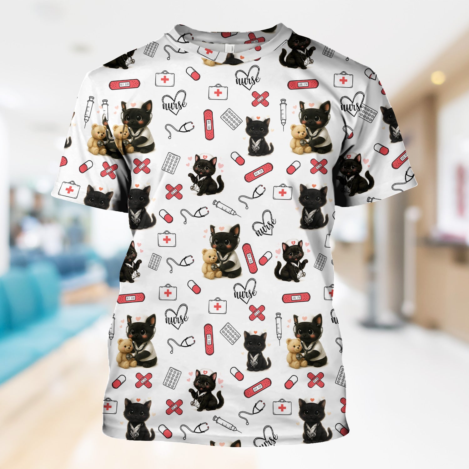 Cute Black Cat Nurse Scrub Top for RN CNA LPN - Funny Kitty Medical Pattern Uniform - Gift for Cat Loving Healthcare Women