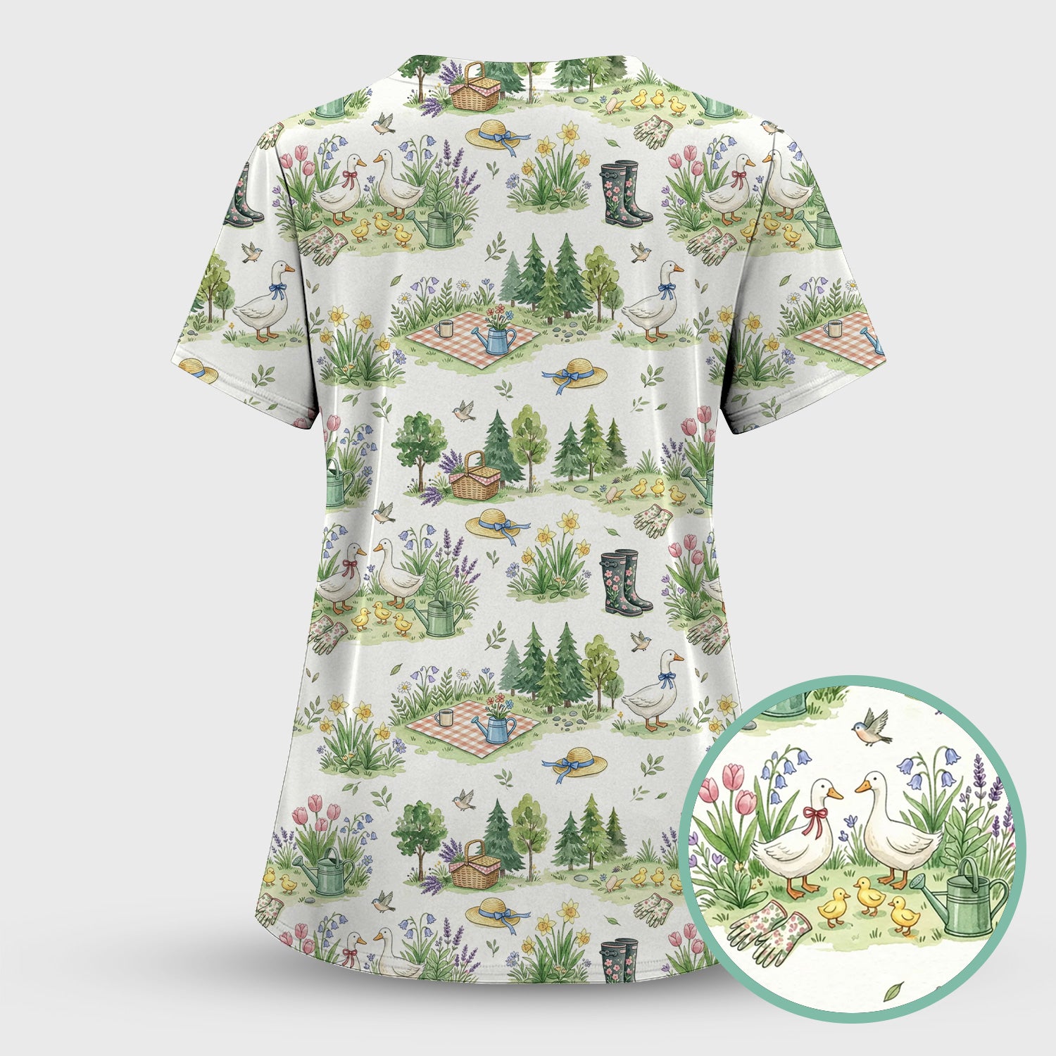 Cute Duck Garden Pattern Scrub Top, Spring Floral Countryside Nursing Uniform