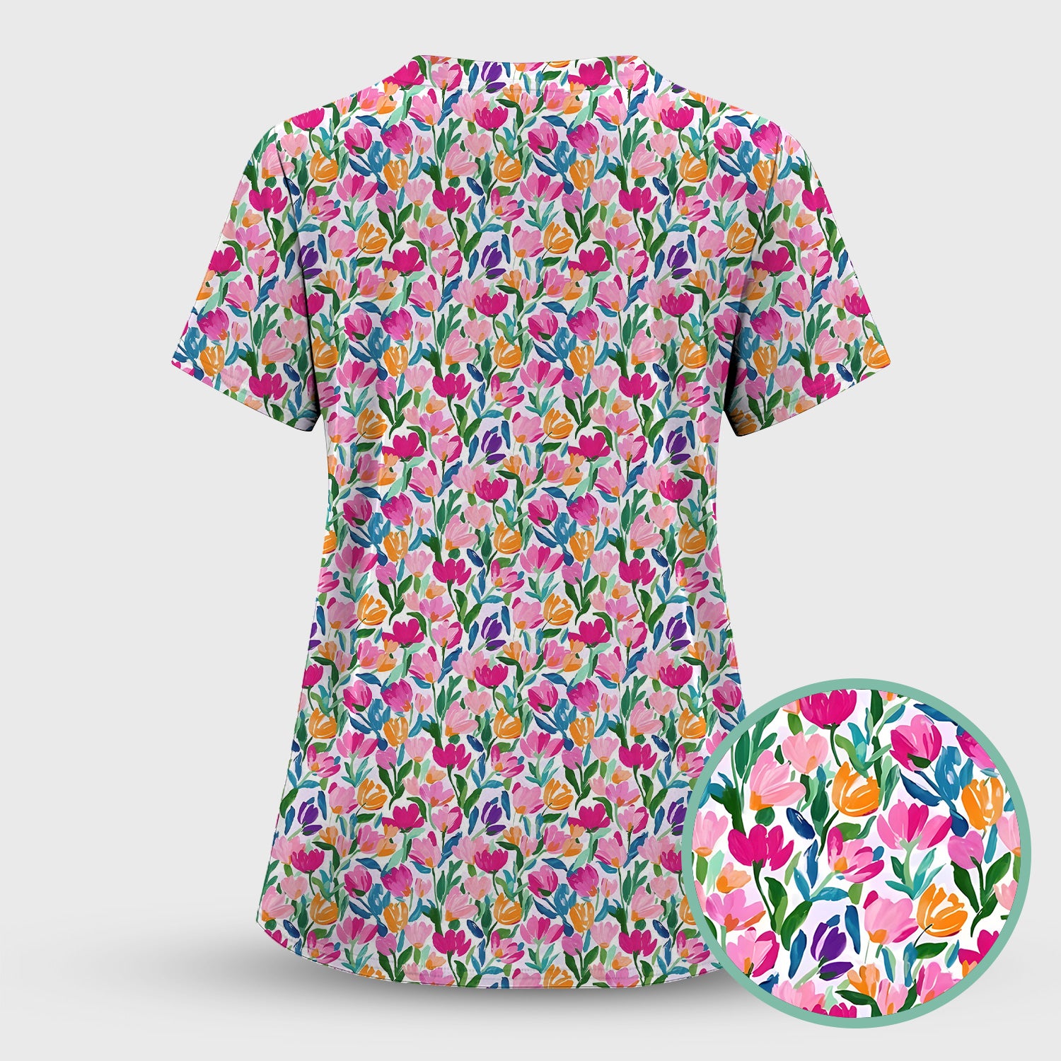 Vibrant Tulip Meadow Pattern Scrub Top, Breathable Fabrics Nursing Uniform