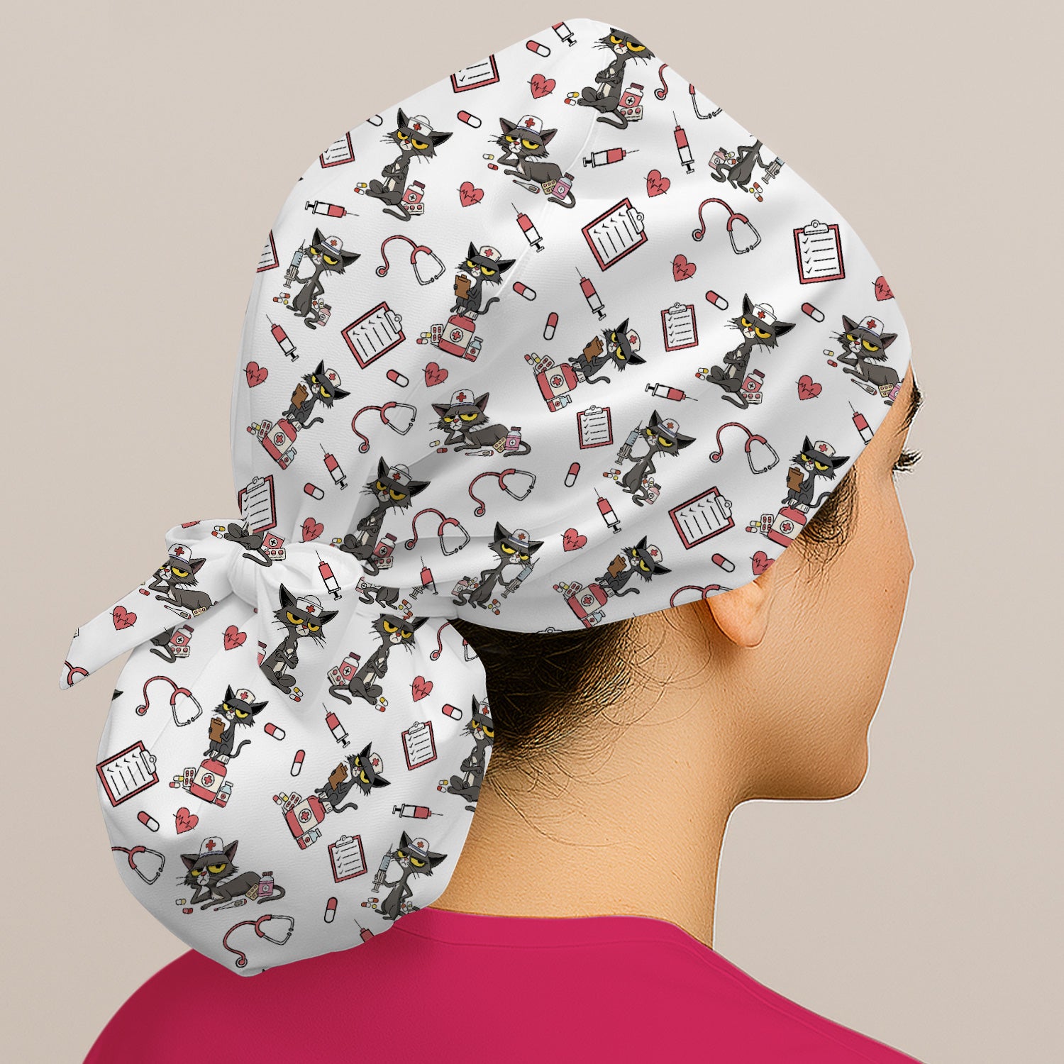 Cute Cat Print Nurse Scrub Cap - Medical Ponytail Surgical Hat - Fun Gift for RN, CNA, LPN, Medical Staff