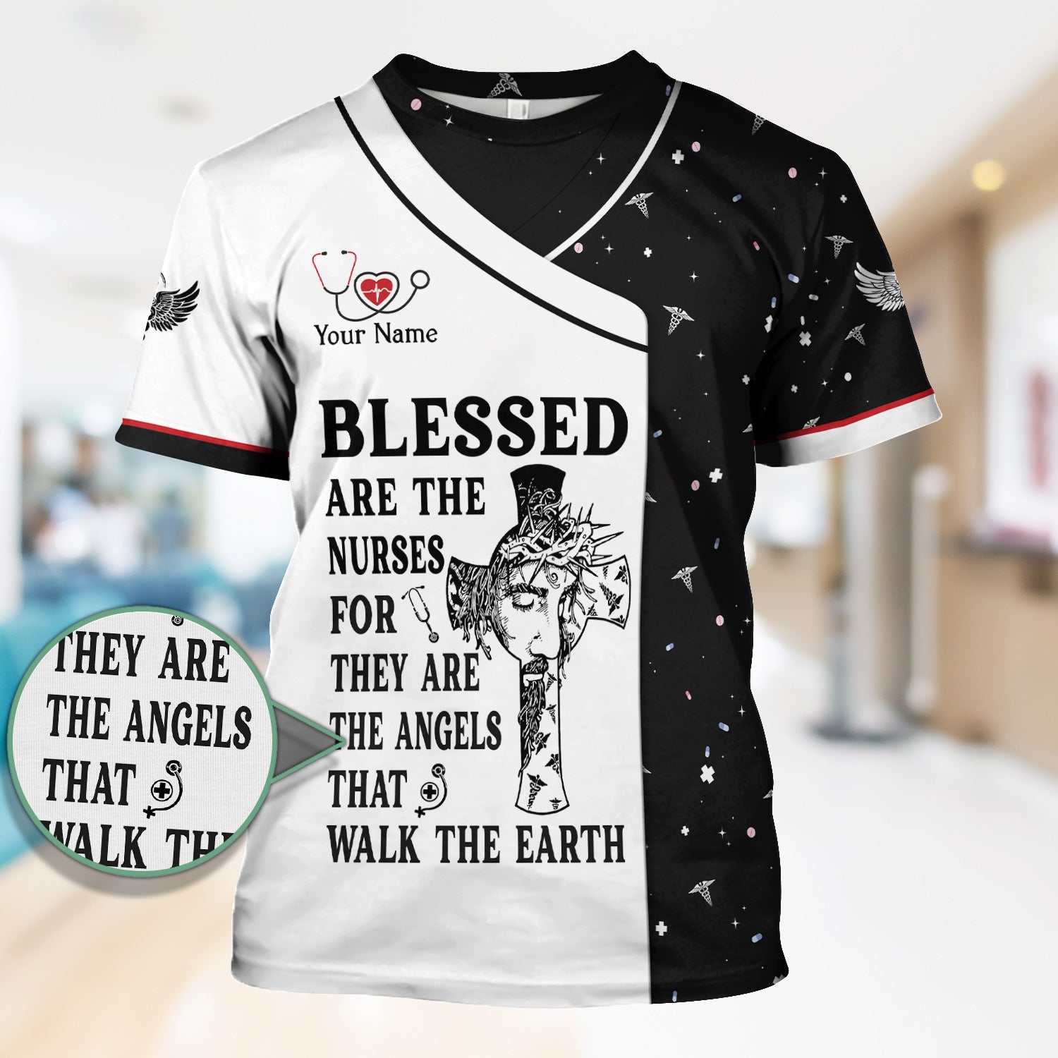 Personalized Christian Nurse Scrub Top - Jesus Cross & Angels That Walk The Earth Quote - Gift for Women RN LPN