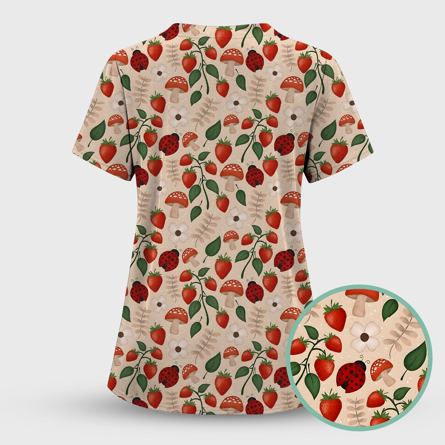 Strawberry Ladybug Mushroom Floral Scrub Top, Breathable Fabrics Nursing Uniform