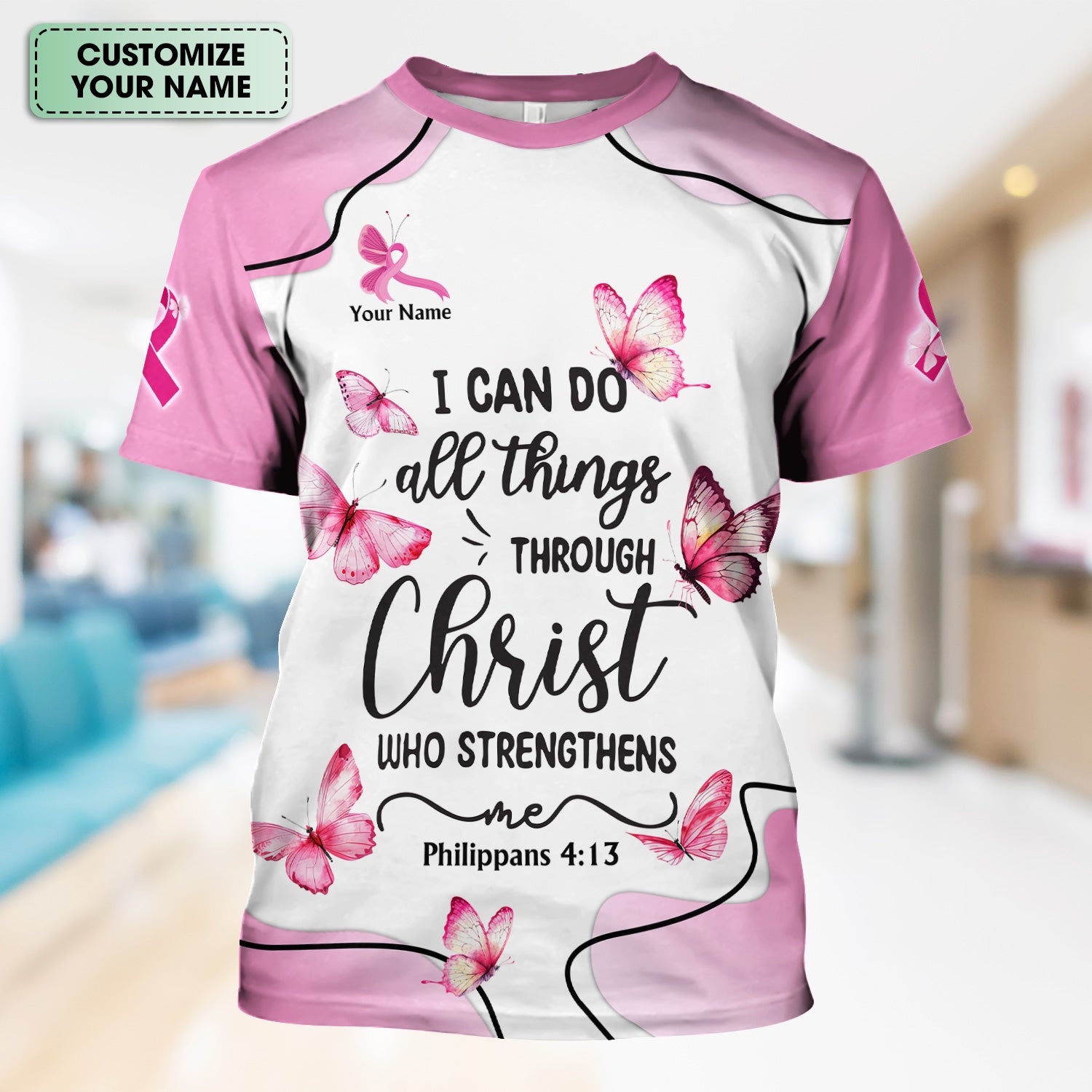 Personalized Christian Butterfly Scrub Top for Nurse -  Bible Verse All Things Through Christ - Gift for RN LPN CNA