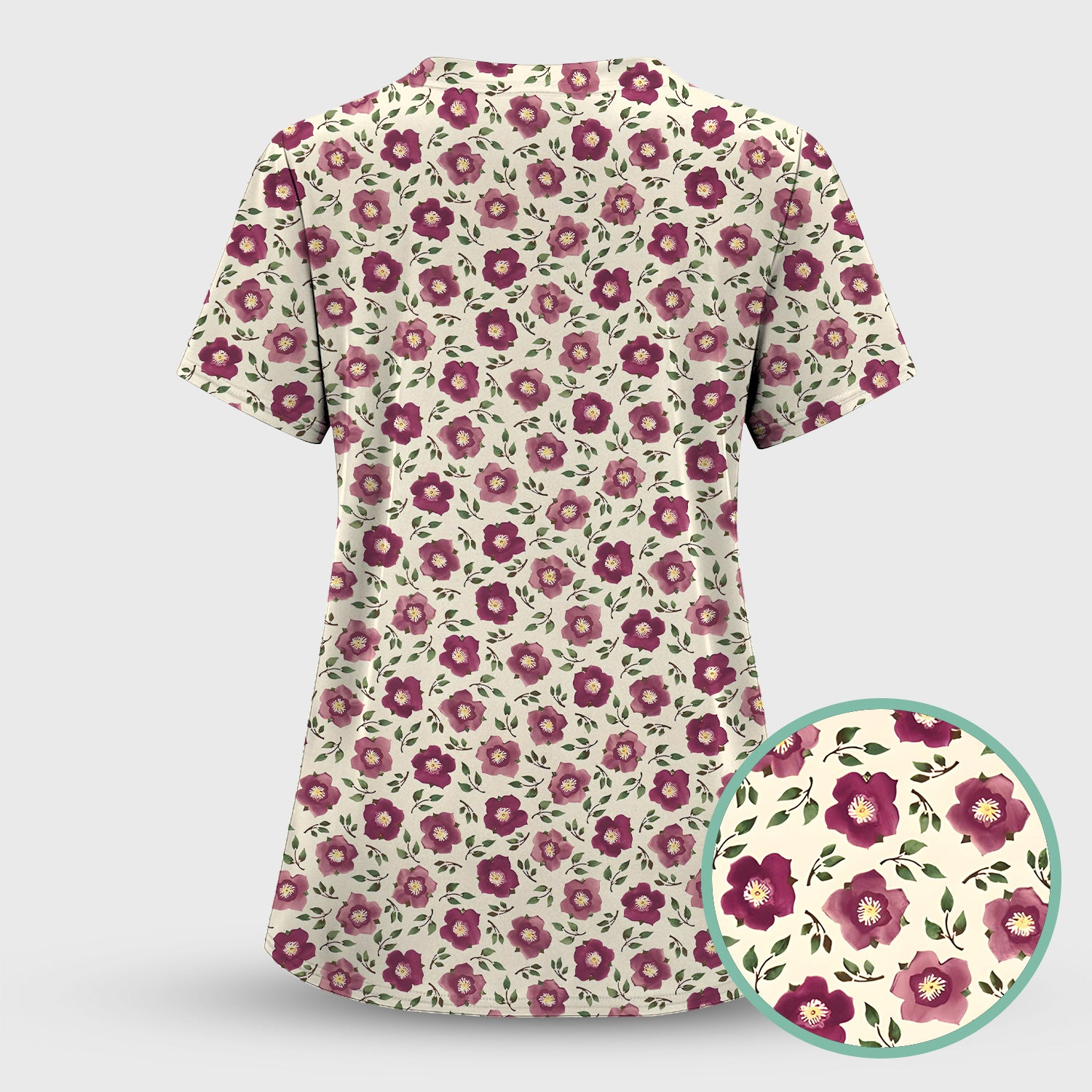 Purple Floral Blossom Leaf Pattern Scrub Top, Comfortable Scrubs for Nurses