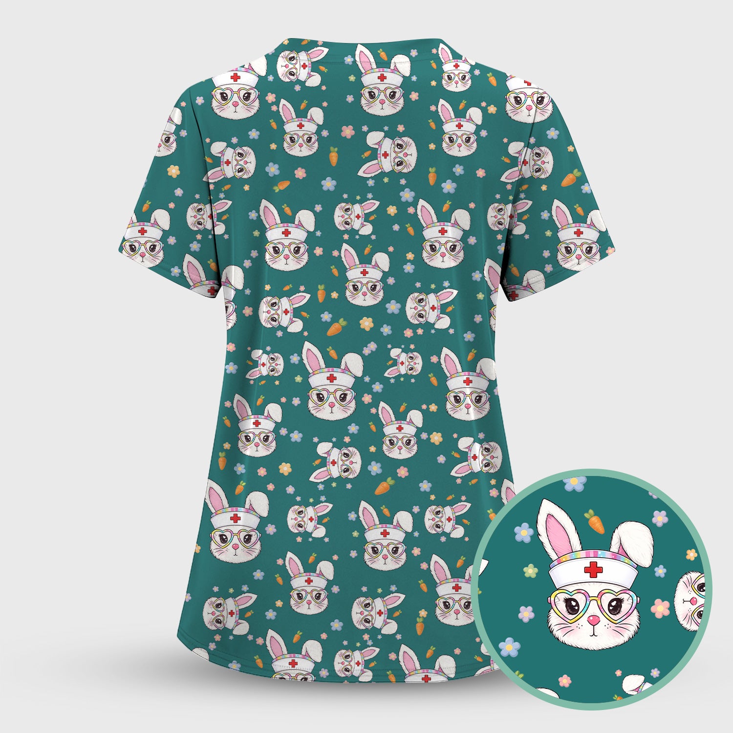 Cute Easter Bunny Nurse Pattern Scrub Set, Scrub Pants and V Neck Top