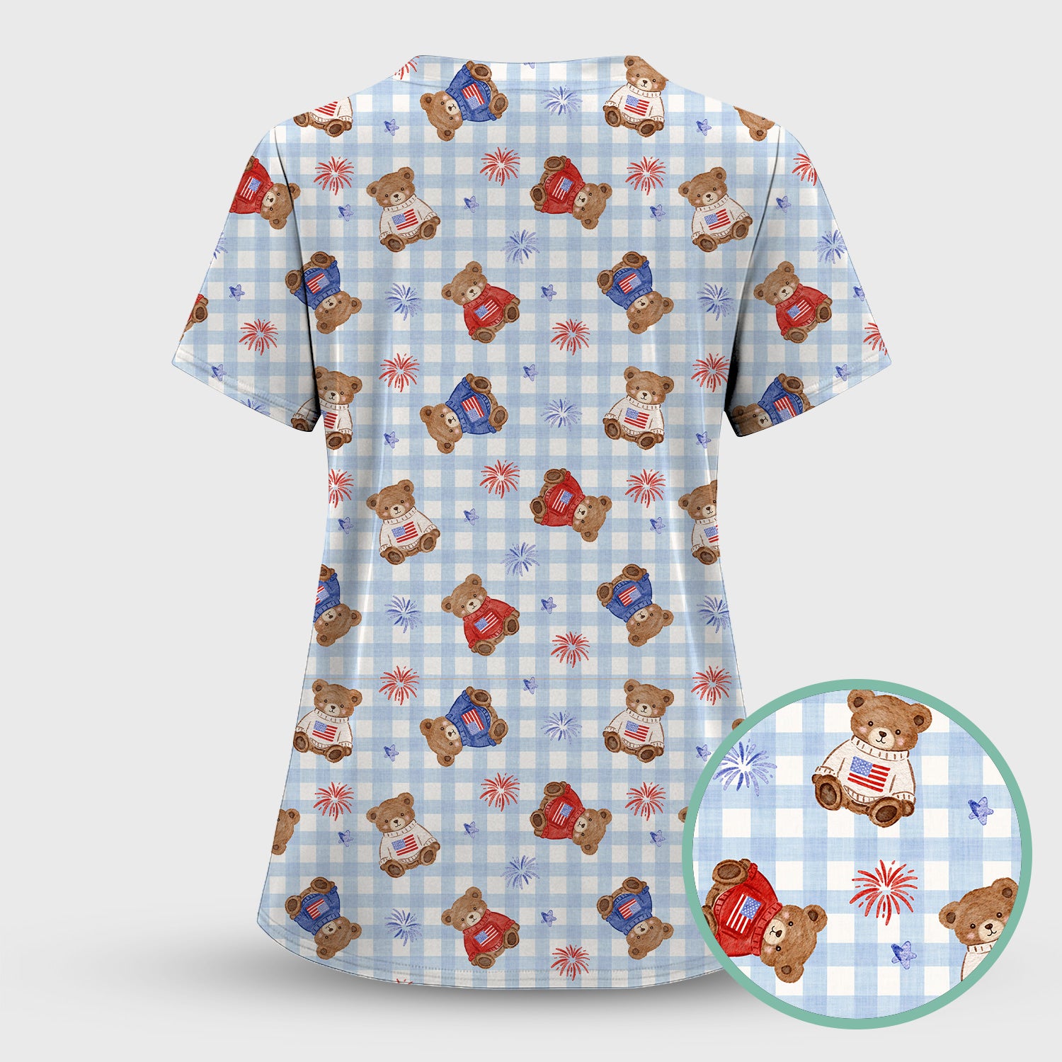 Cute Patriotic Teddy Bear Firework Gingham Pattern Scrub Set, Scrub Pants and V Neck Top