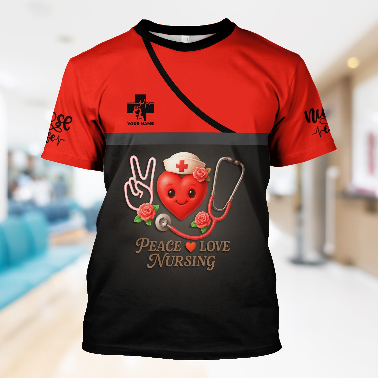 Personalized Nurse Scrubs with Heart Design - Peace Love Nursing - Custom RN CNA LPN Scrubs Gift for Women