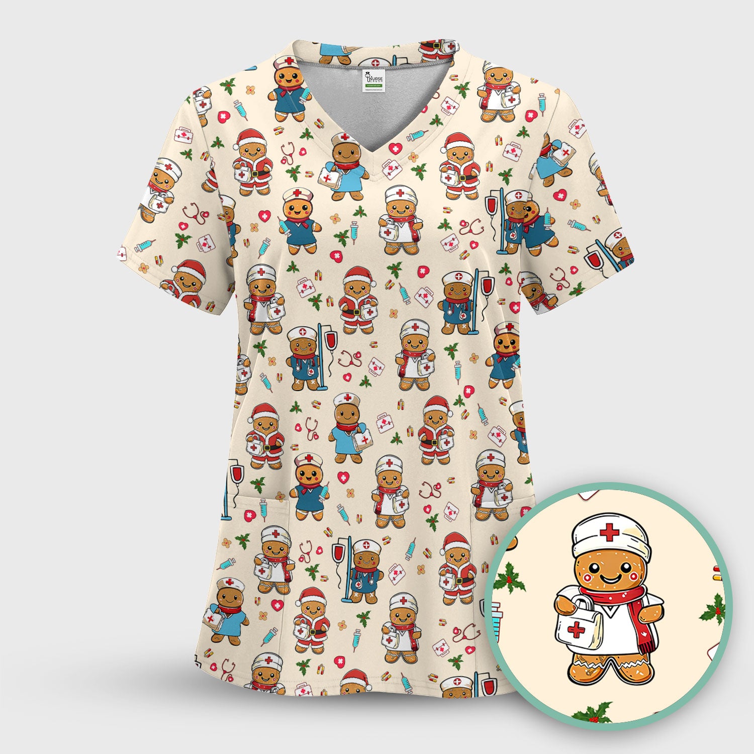Gingerbread with Santa Nurse Scrub Set - Santa’s Favorite Nurse Holiday Gift - Medical Uniform for RN LPN CNA - Funny Xmas Ugly Sweater