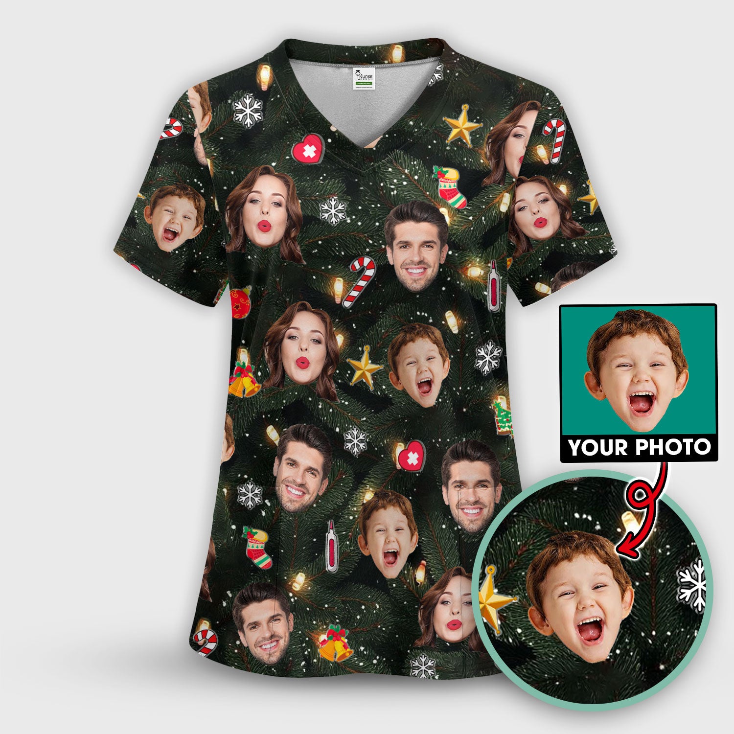 Personalized Christmas Photo Scrub Top, Funny Xmas Custom Face Scrub Shirt, Breathable Fabrics Nursing Uniform