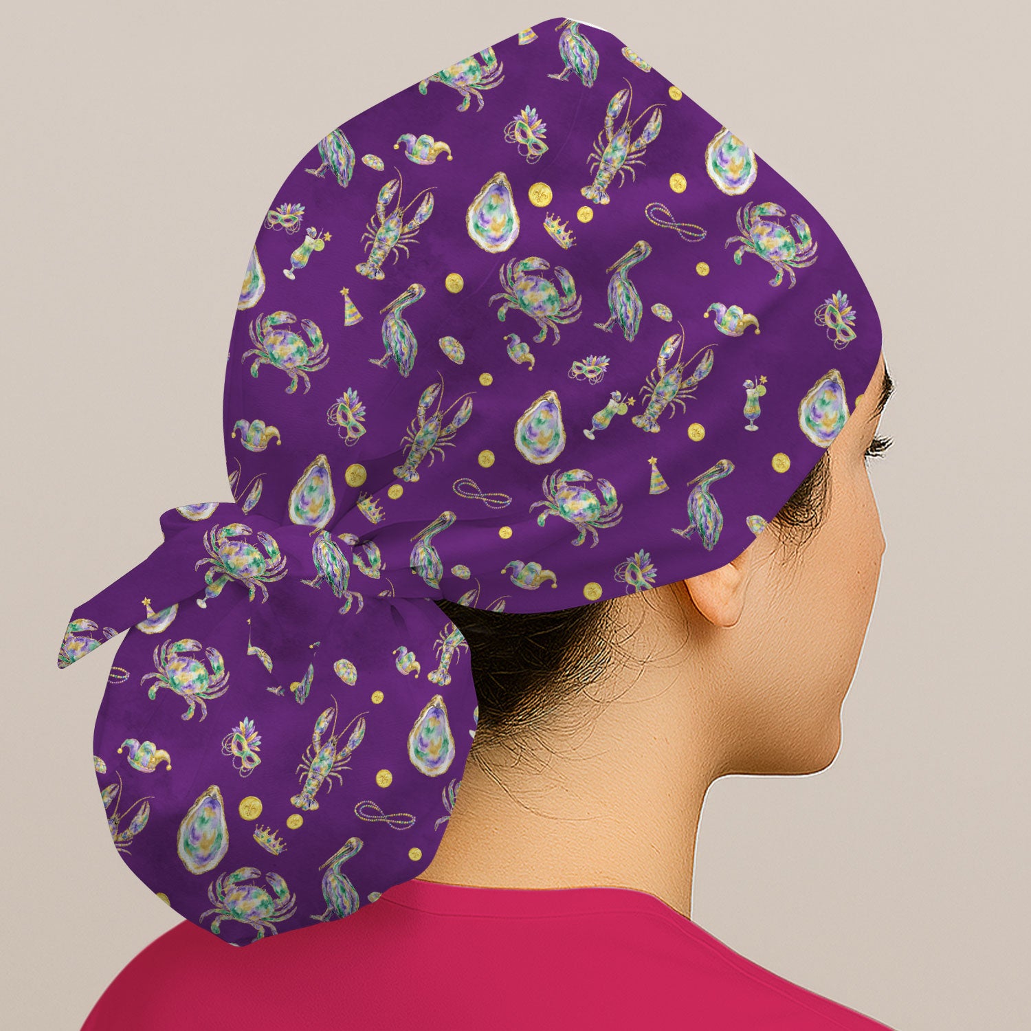 Mardi Gras Seafood Nurse Scrub Cap, Comfortable Uniform Scrubs For Nursing