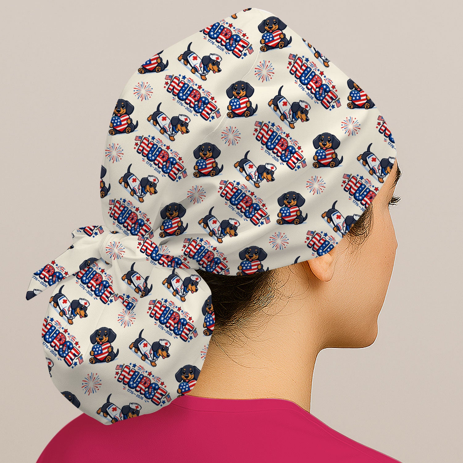 Proud Nurse Patriotic Dachshund Medical Firework Pattern Cap, Bouffant Scrub Caps for Women