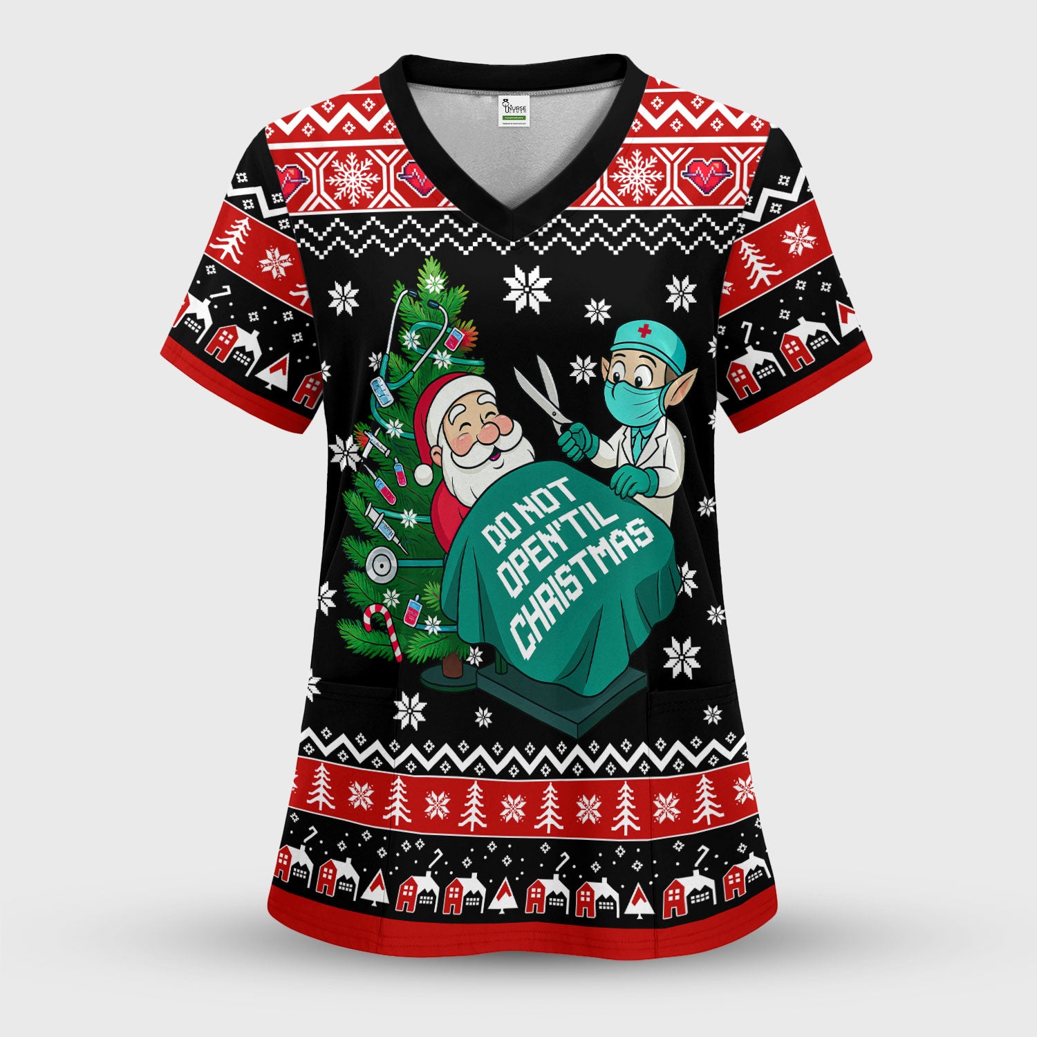 Funny Scrub Top for Women - Do Not Open Til Christmas Santa and Elf - Holiday Medical Uniform Gift for RN LPN CNA