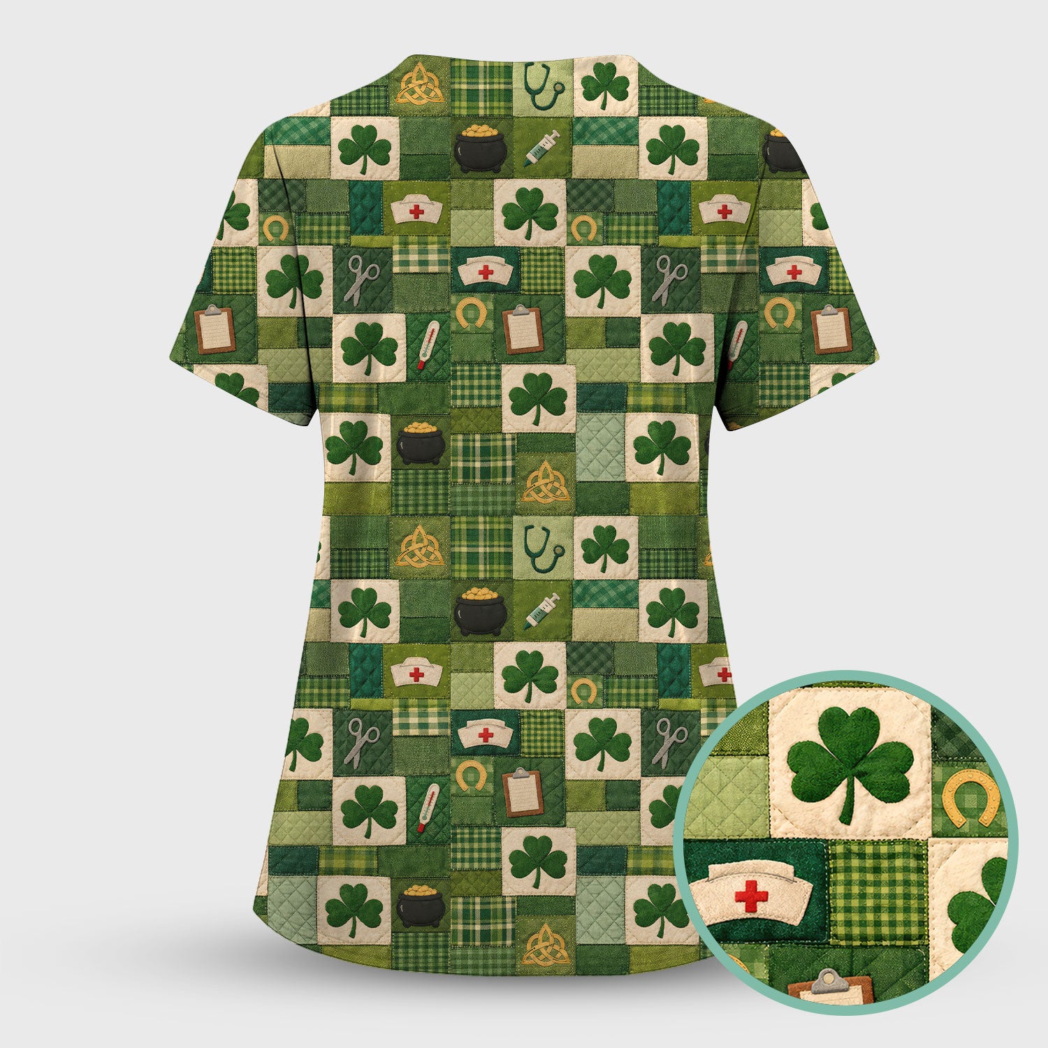 St Patrick Medical Patchwork Shamrock Scrub Set, Scrub Pants and V Neck Top