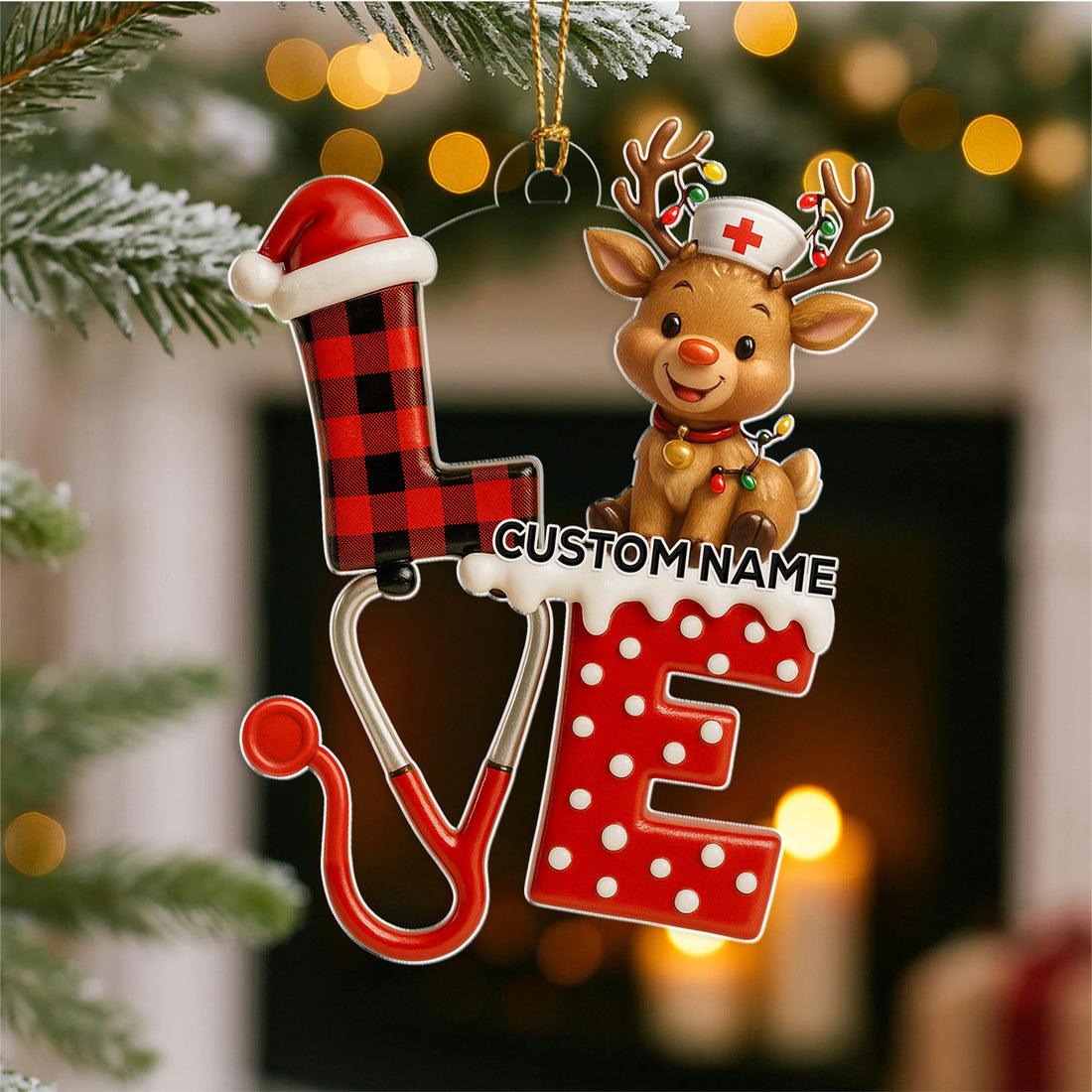 Personalized Nurse Reindeer LOVE Ornament, Custom Name Medical Christmas Tree Decor, Cute RN/LPN Holiday Gift for Healthcare Workers
