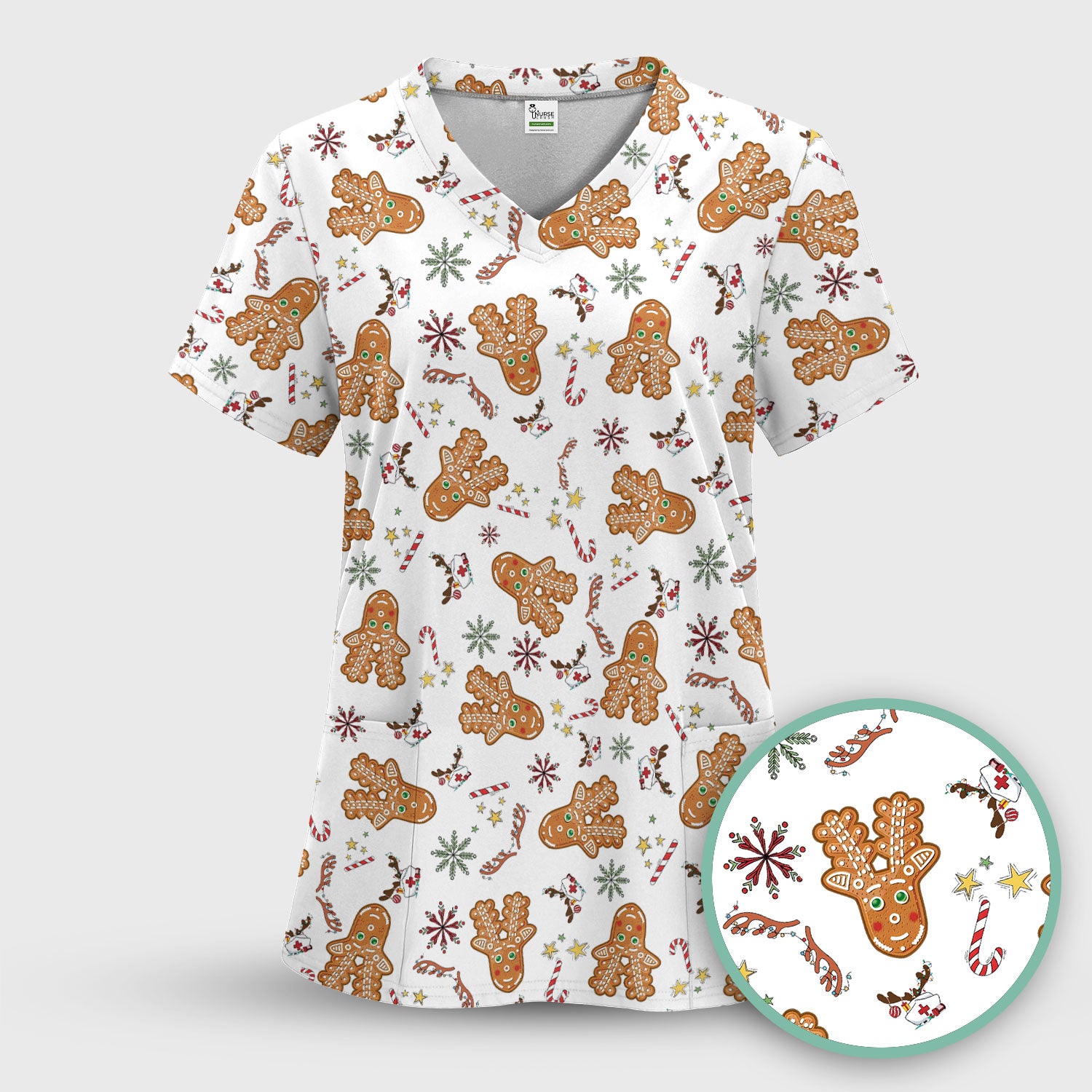 Gingerbread Cookies Reindeer Scrub Top - Funny Christmas Gingerbread Breathable Med Uniform - Comfortable Scrubs for RN CNA LPN