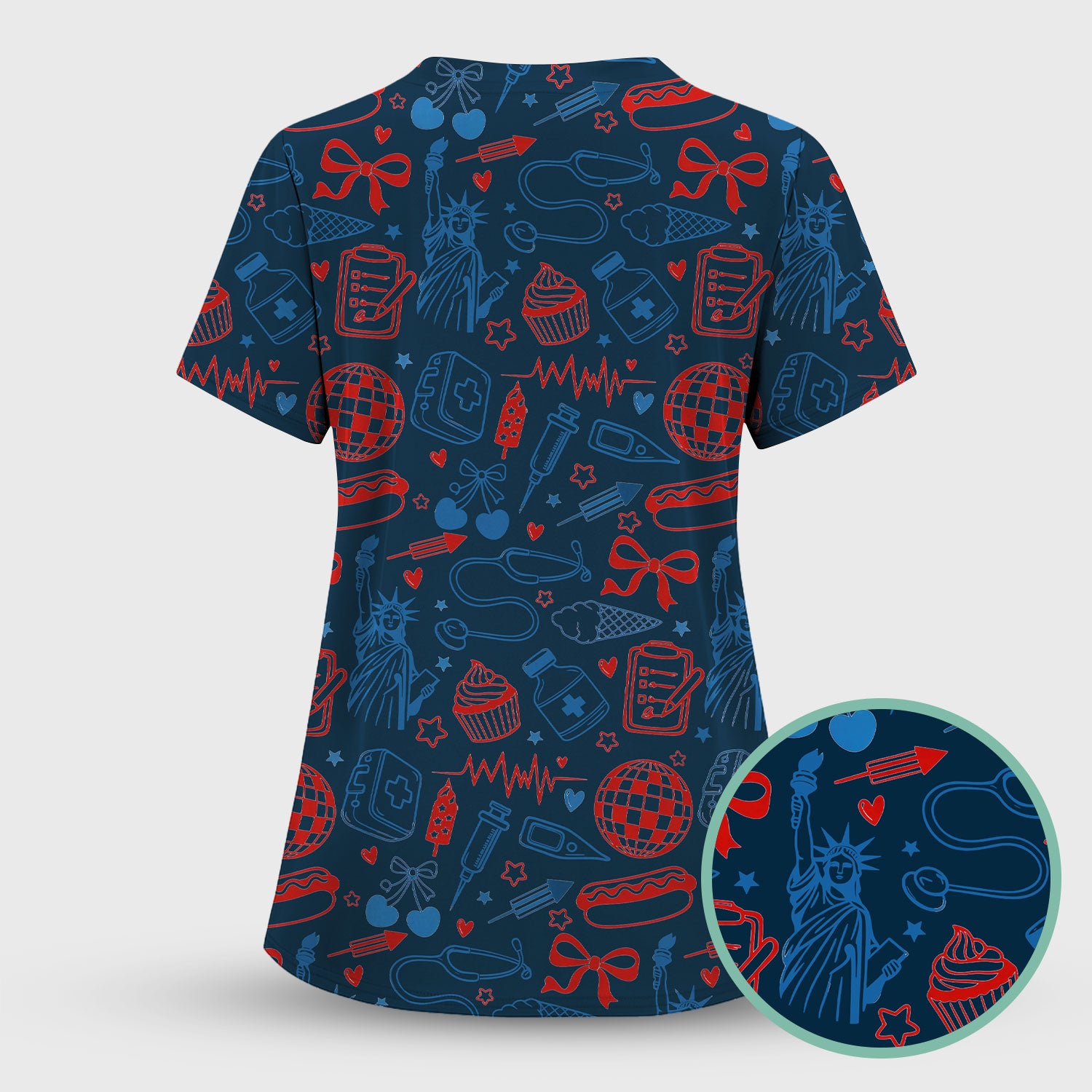 Patriotic Nurse Medical Icons Pattern Scrub Set, Scrub Pants and V Neck Top