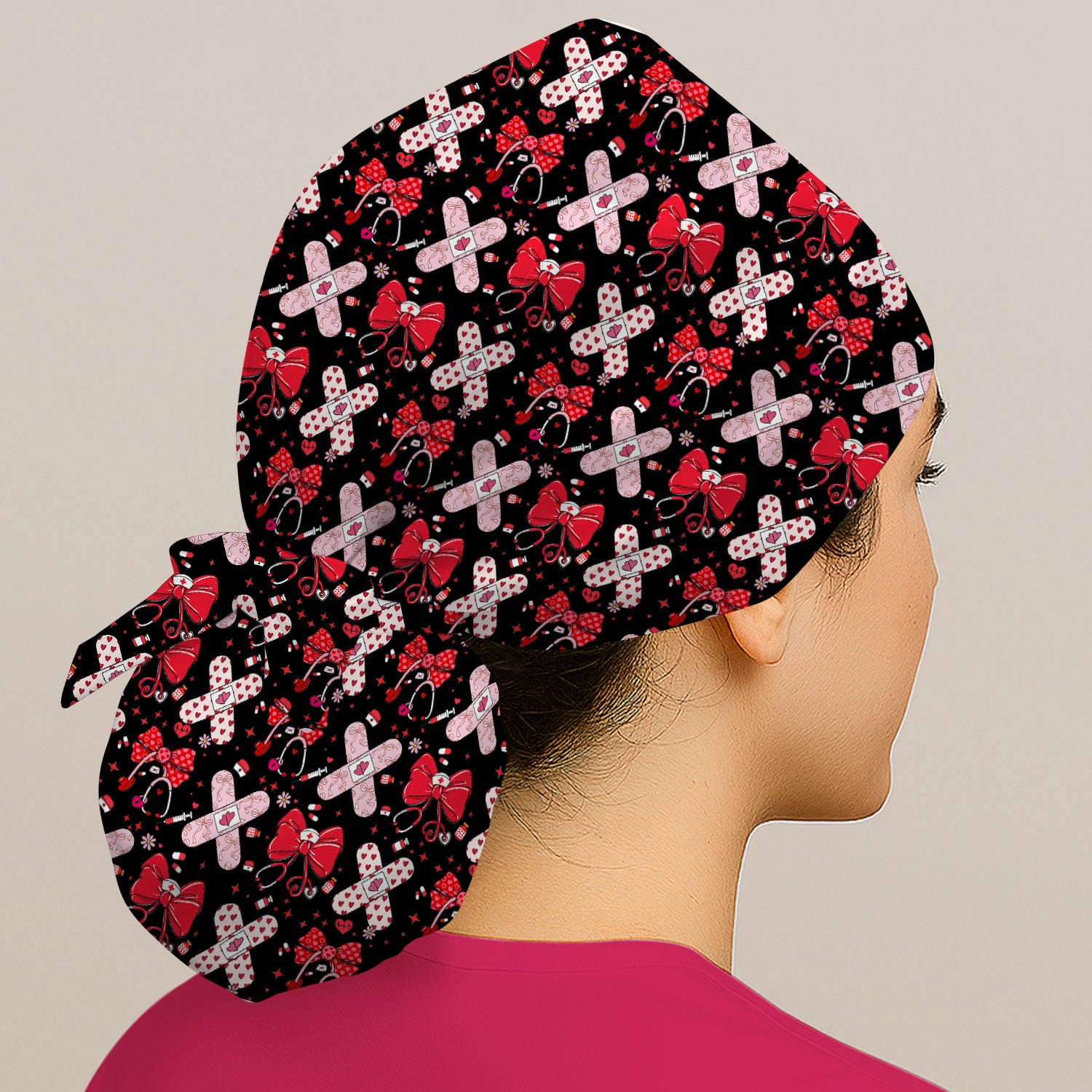 Valentine Nurse Scrub Cap, Red Bow And Heart Bandage Pattern Medical Hat, Breathable Fabrics Nursing Uniform