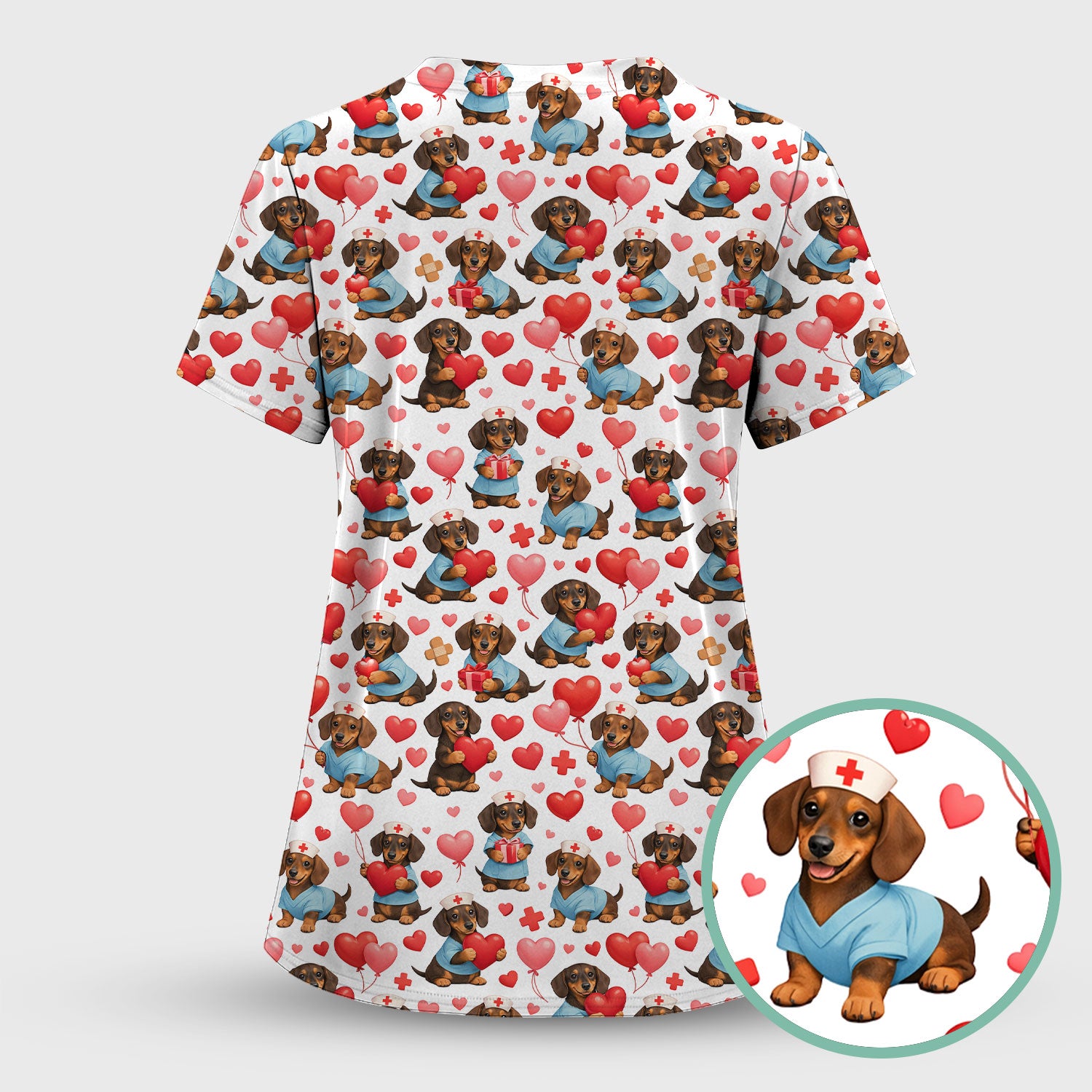 Dachshund Valentine Nurse Scrub Top, Cute  Wiener Dog Medical Pattern Shirt, Breathable Fabrics Nursing Uniform
