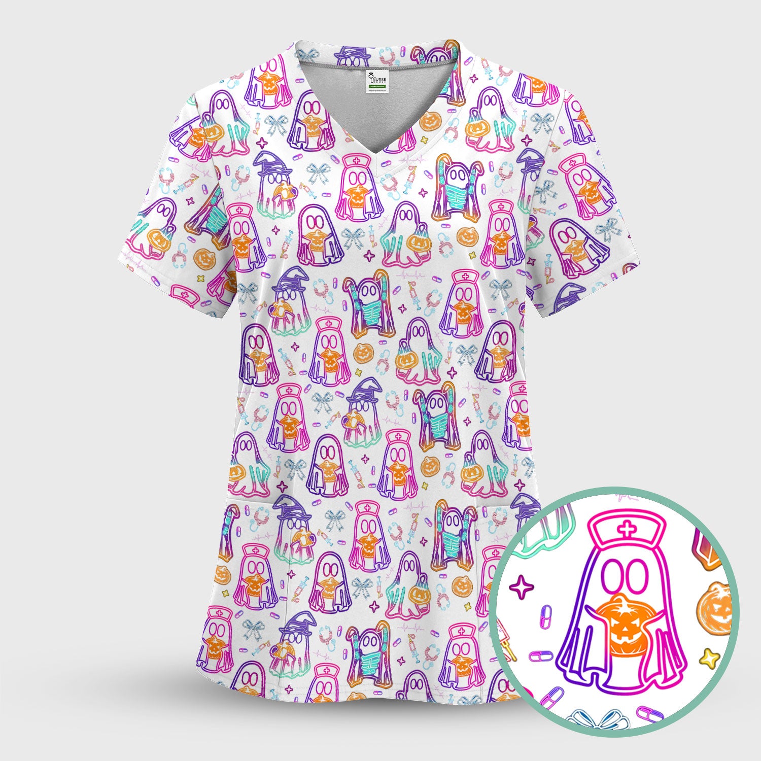Halloween Nurse Scrub Top for Women - Cute Neon Ghost Medical Uniform - Funny Spooky Nursing Shirt RN CNA LPN Gift