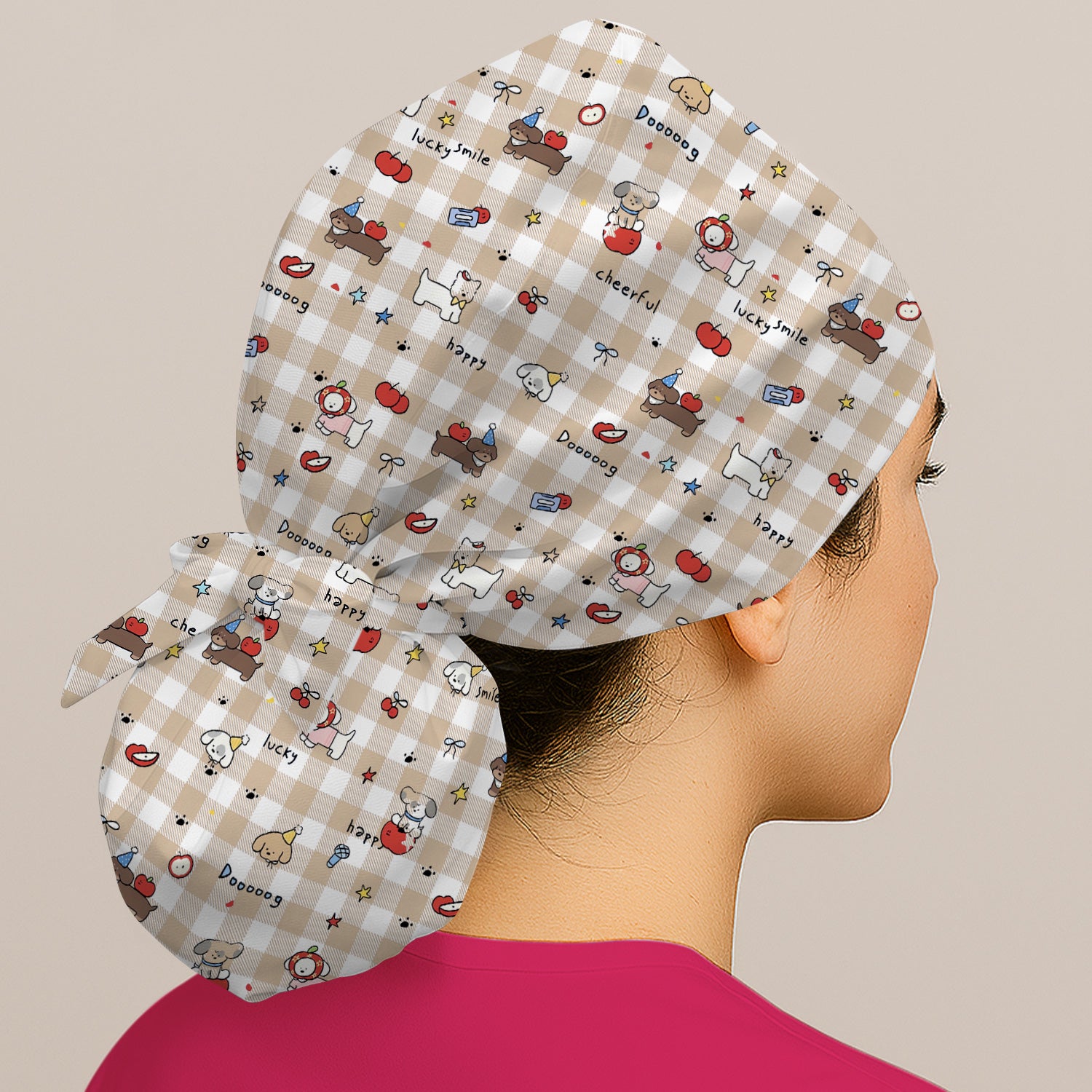 Cute Nurse Cartoon Puppy Apple Gingham Scrub Cap, Surgical Caps for Doctors