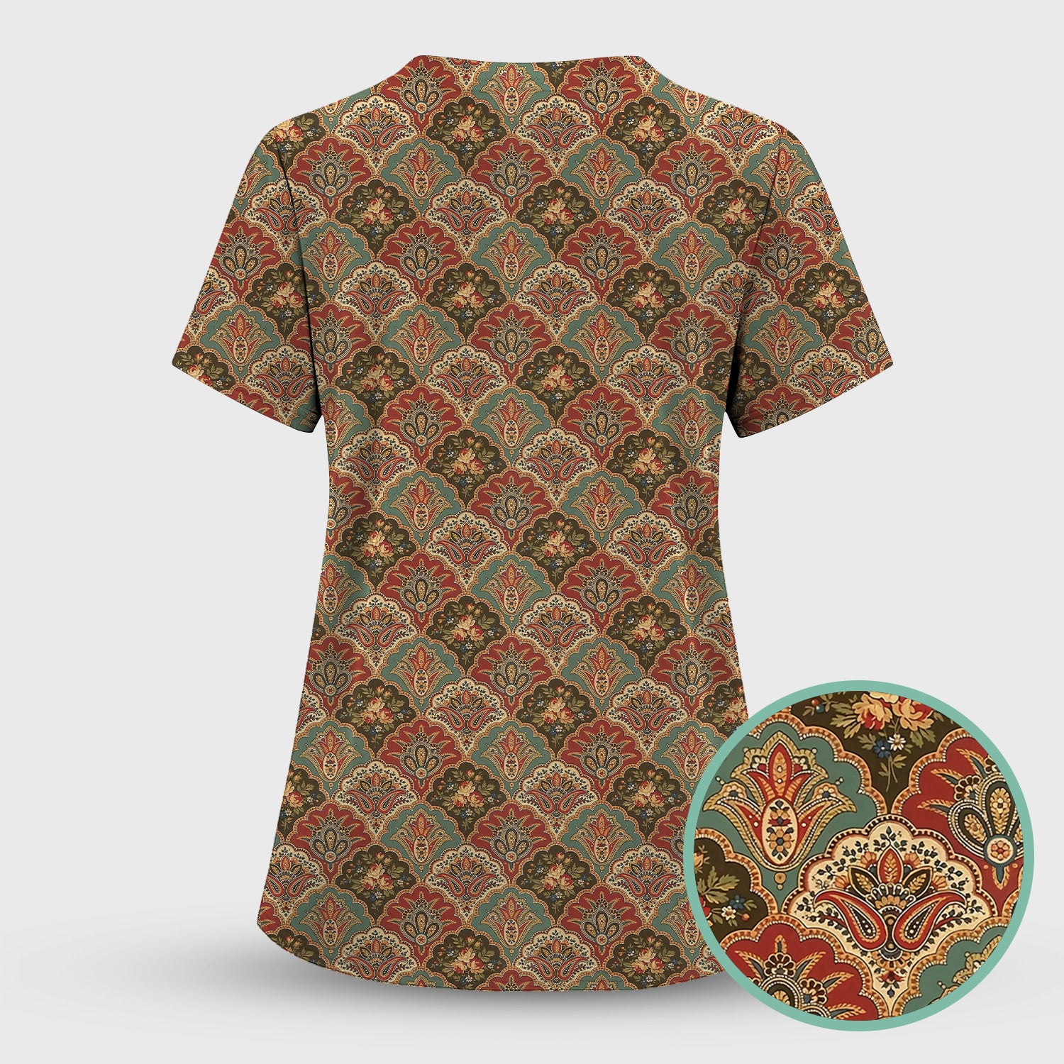 Vintage Floral Paisley Ornament Pattern Scrub Set, Scrub Pants and V Neck Top