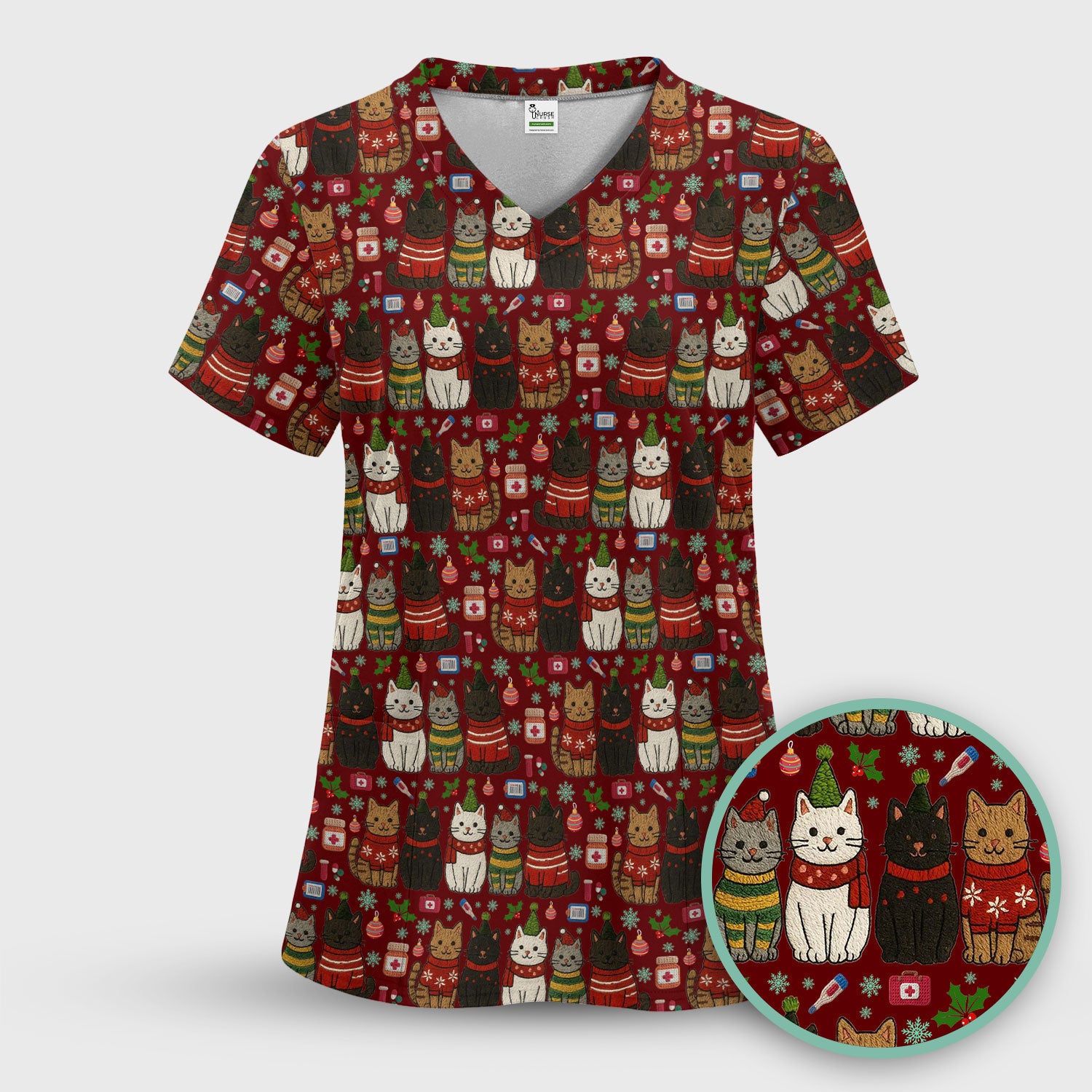 Christmas Cat Scrub Top, Funny Holiday Nurse Shirt, Festive Medical Uniform For Women RN LPN CNA Gift
