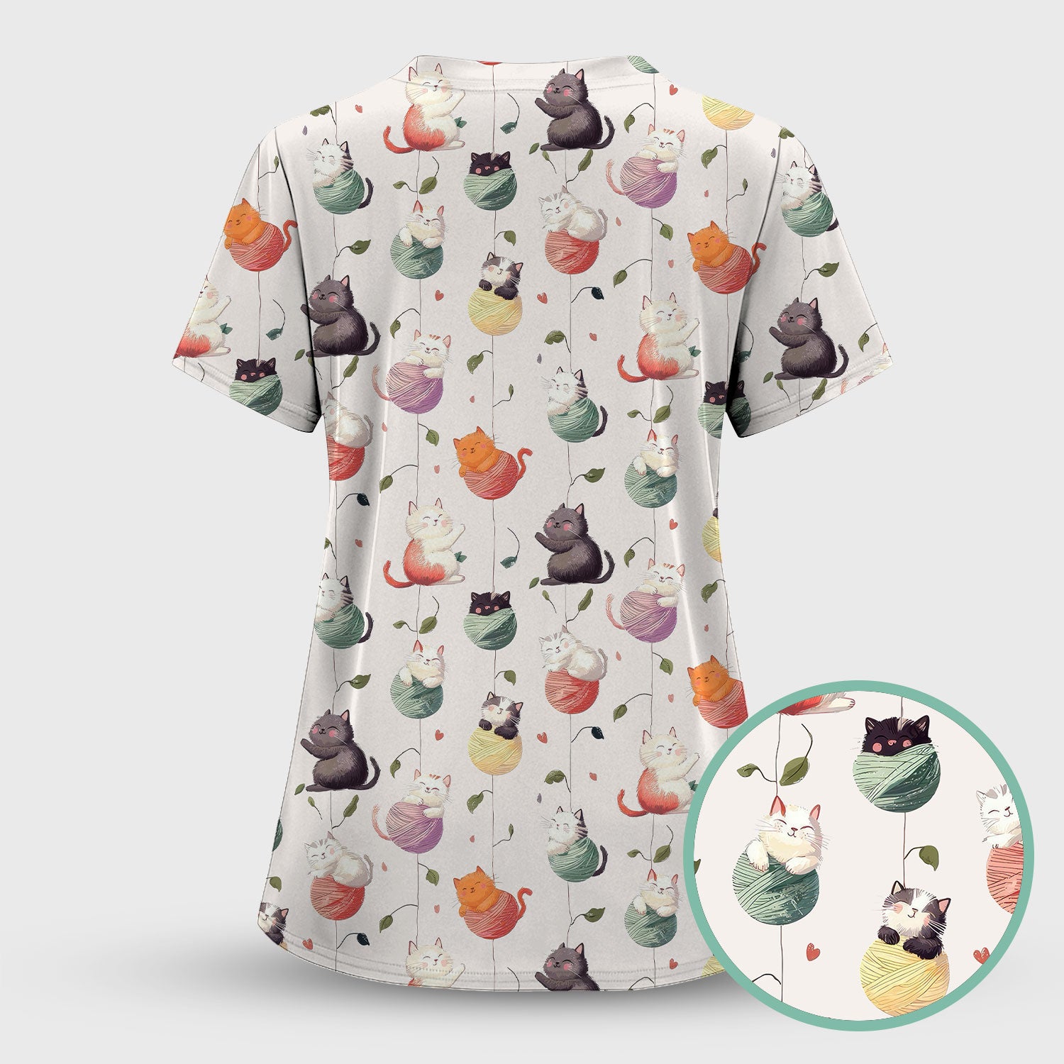 Cute Cats Playing Yarn Balls Pattern Print Scrub Top, Comfortable Scrubs for Nurses