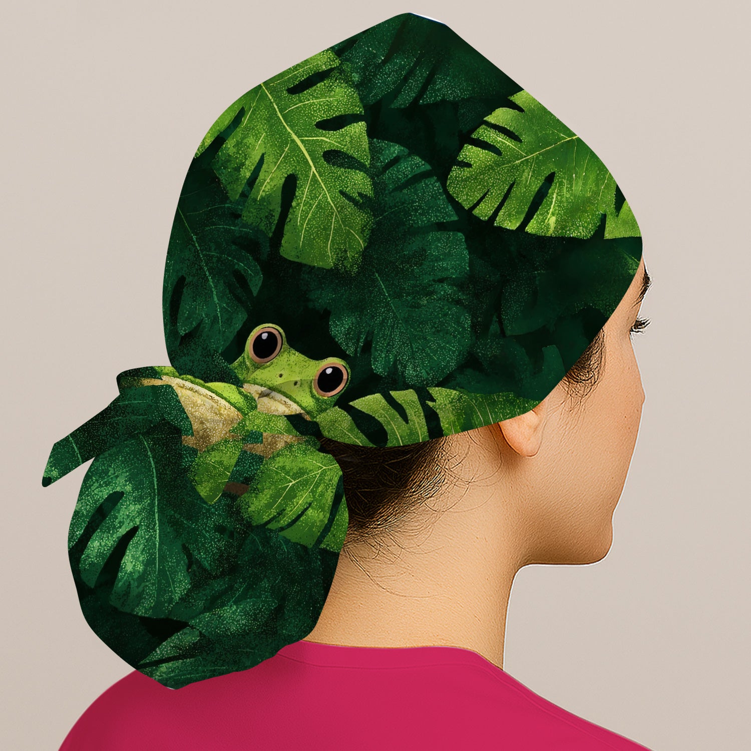 Cute Frog Hiding Jungle Leaves Pattern Nurse Scrub Cap, Surgical Caps for Doctors