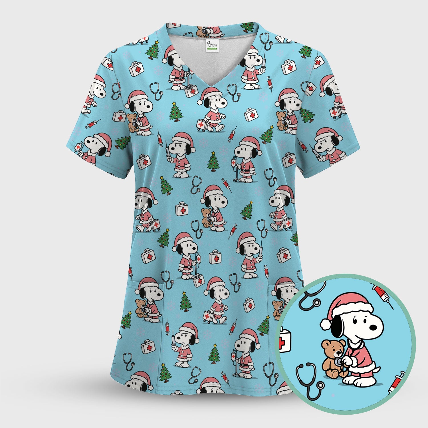 Snoopy Christmas Nurse Scrub Top for Women - Cute Cartoon Holiday Medical Uniform with Pockets - Nursing Gift for RN CNA LPN