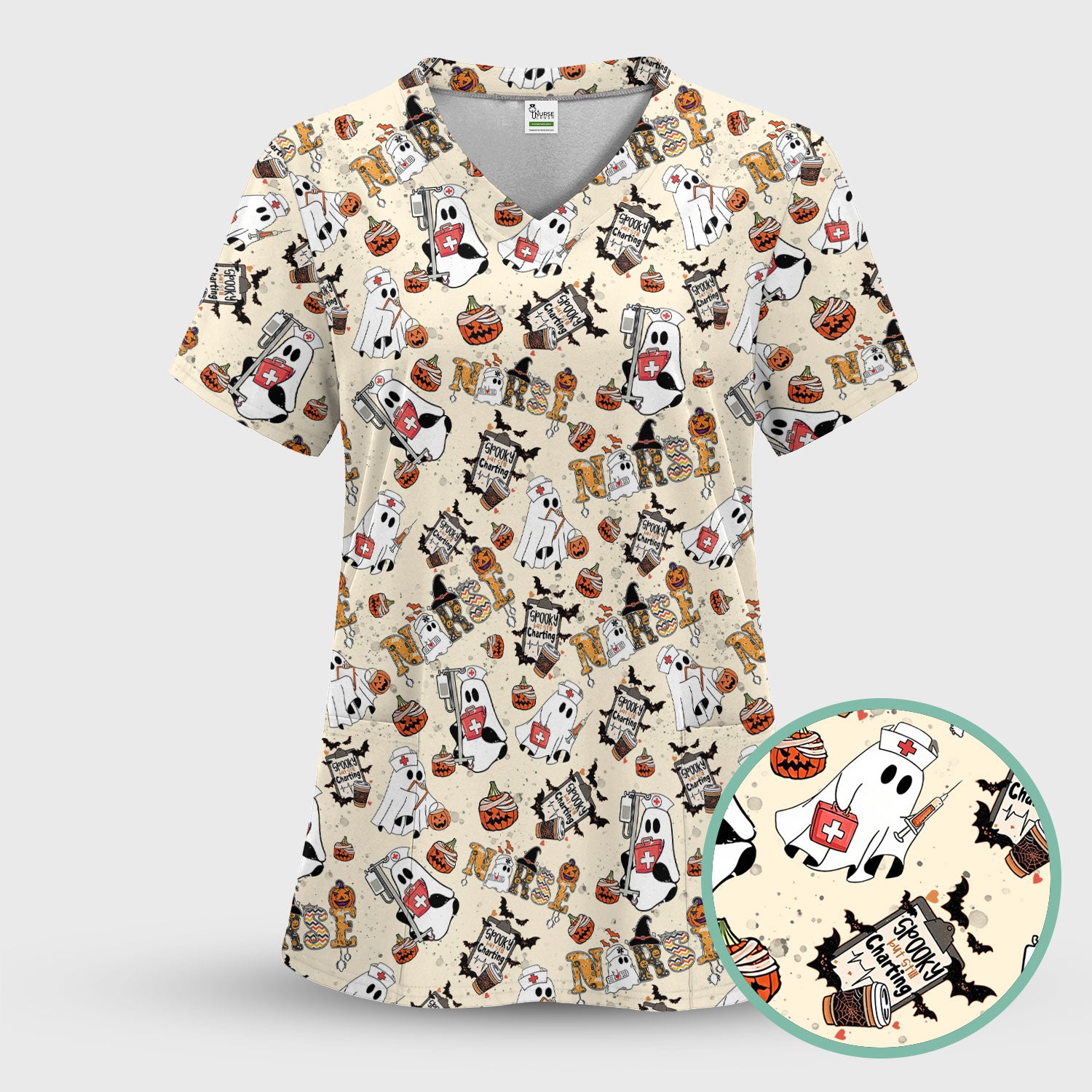 Halloween Scrub Top - Spooky But Still Charting - Funny Scrubs for Nurses - Horror Pumpkin Nursing Uniform