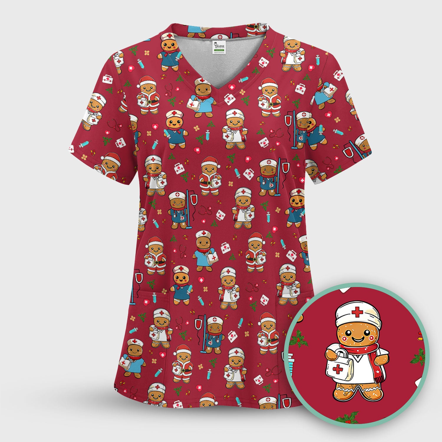 Gingerbread with Santa Nurse Scrub Set - Santa’s Favorite Nurse Holiday Gift - Medical Uniform for RN LPN CNA - Funny Xmas Ugly Sweater