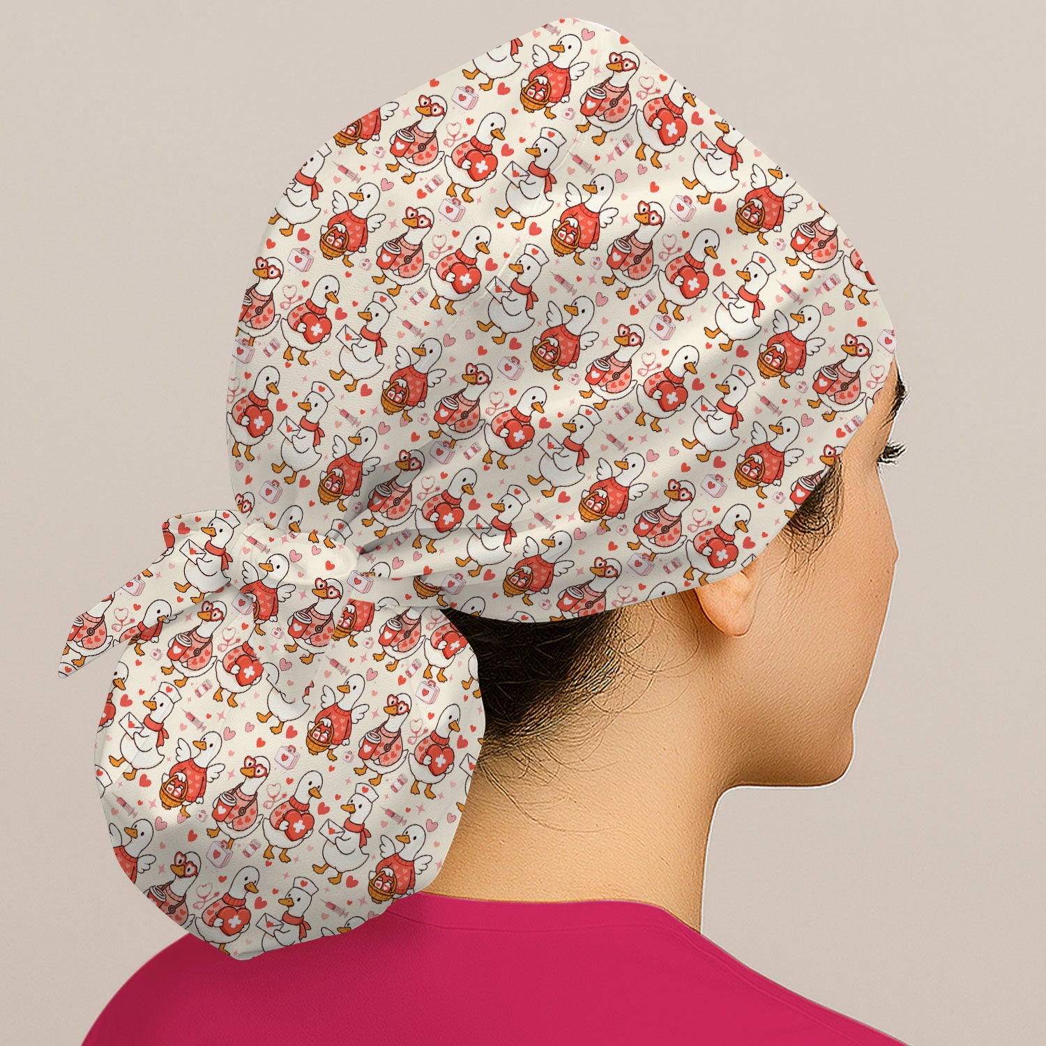 Valentine Goose Nurse Scrub Cap, Heart Medical Pattern Nurse Hat, Breathable Fabrics Nursing Uniform