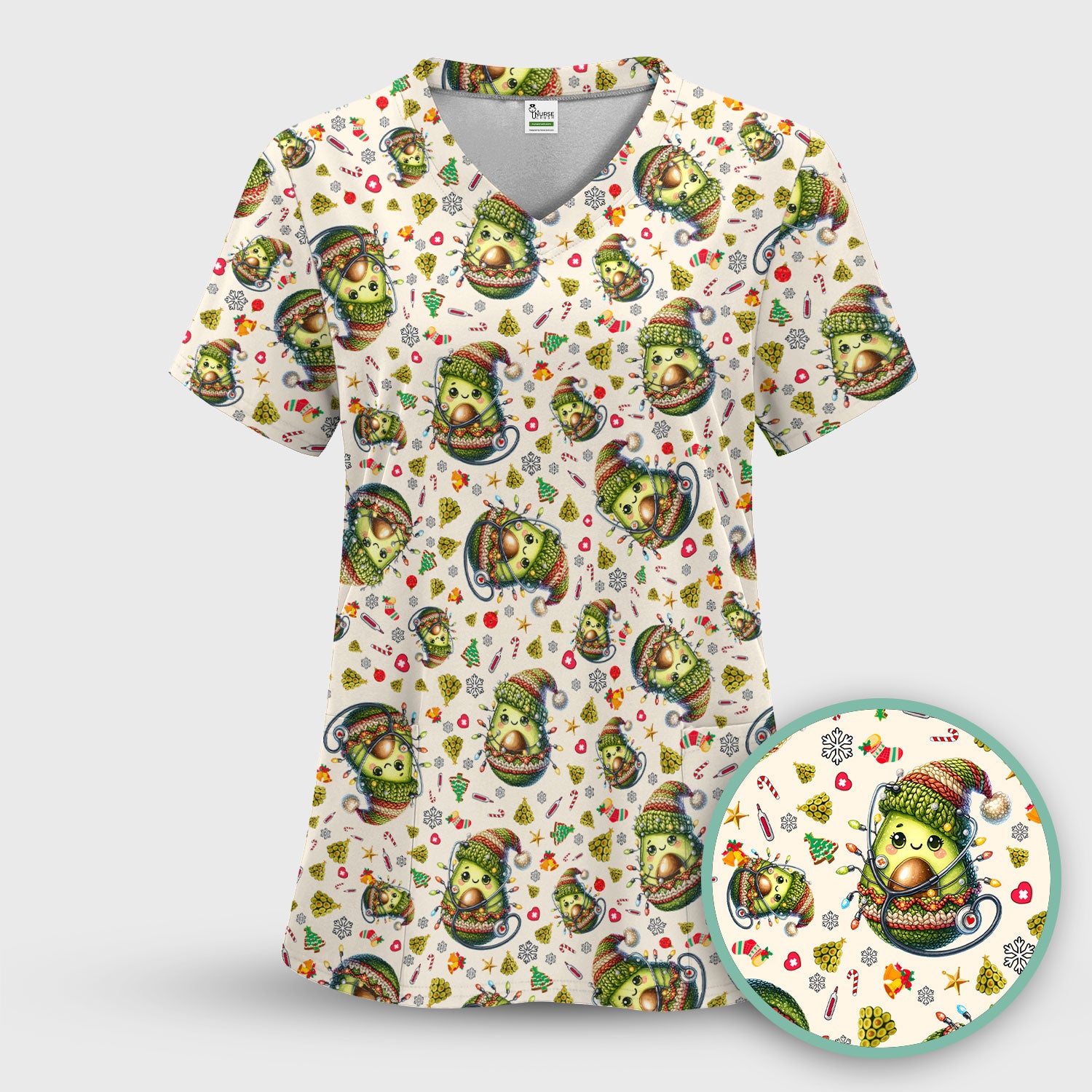 Avocado Scrub Top for Nurse - Funny Christmas Nursing Shirt - Cute Holiday Medical Uniform for Women RN LPN CNA