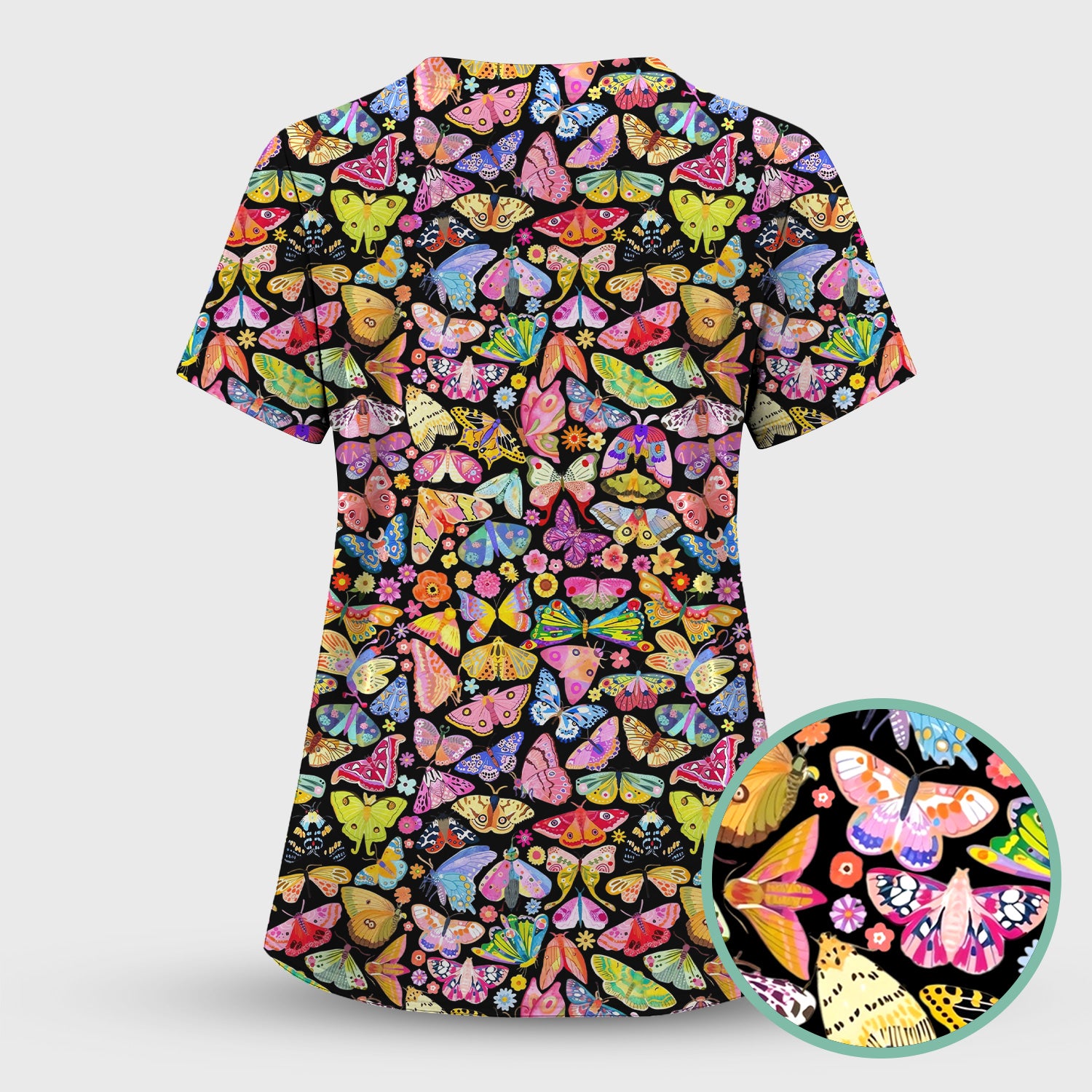 Cute Bright Butterfly Moth Floral Scrub Top, Breathable Fabrics Nursing Uniform