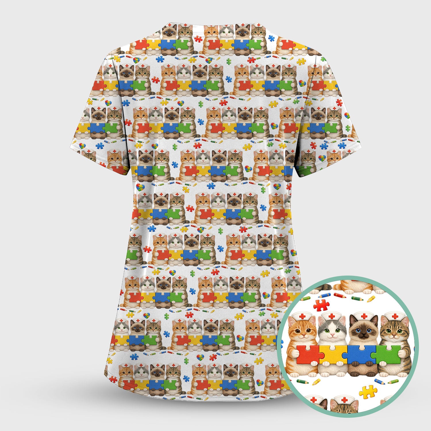Autism Awareness Nurse Scrub Top, Cat Autism Pattern Nurses Shirt, Comfortable Uniform Scrubs For Nursing