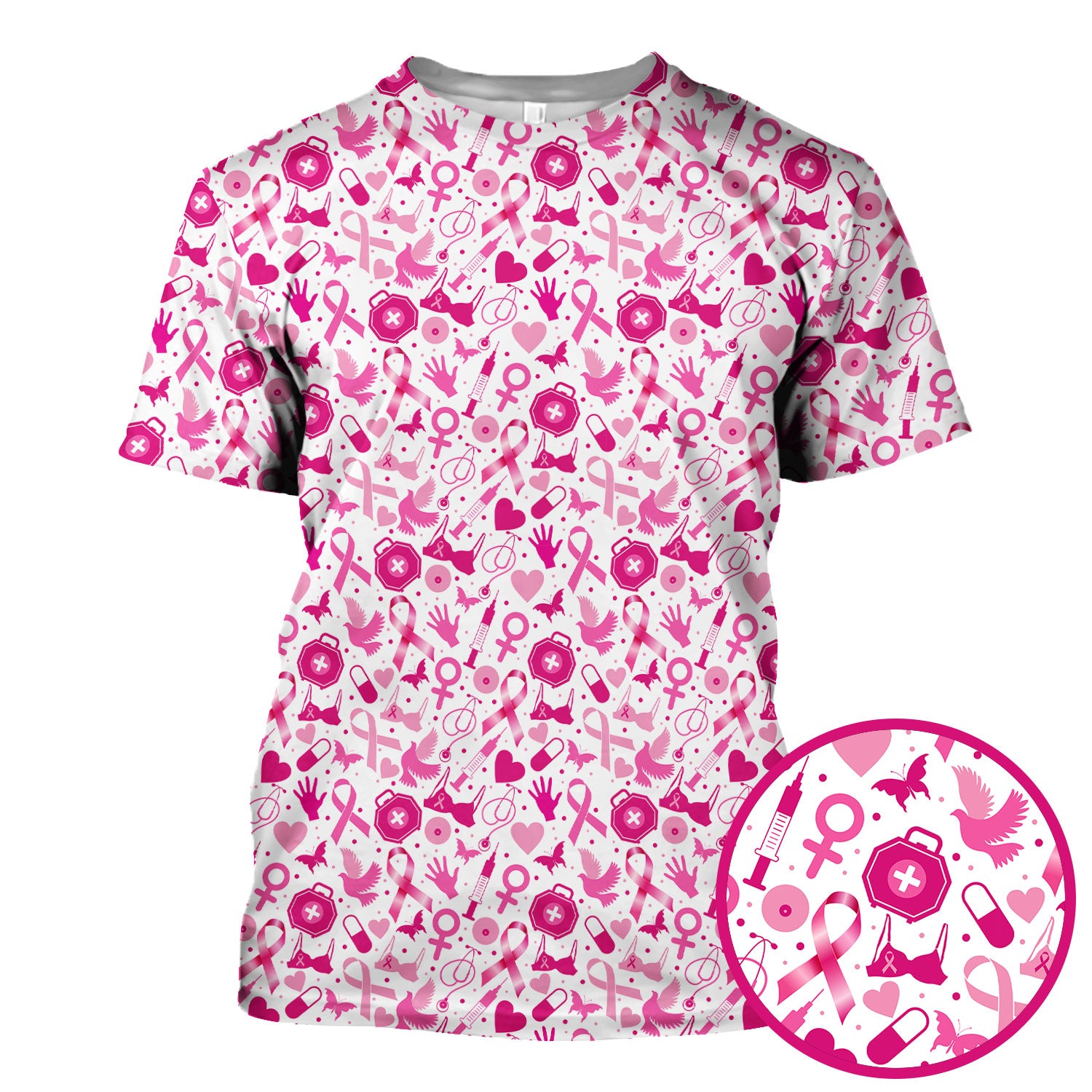 Breast Cancer Awareness Shirt - Pink Ribbon & Nurse Icons Pattern - Gift for RN LPN Healthcare Workers