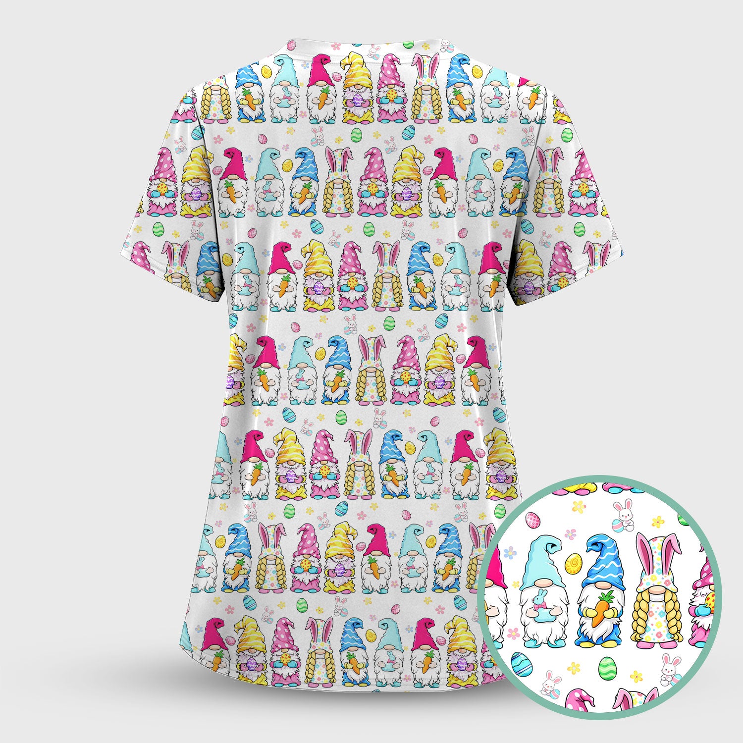 Colorful Easter Gnome Bunny Eggs Pattern Scrub Set, Women's Scrub Sets