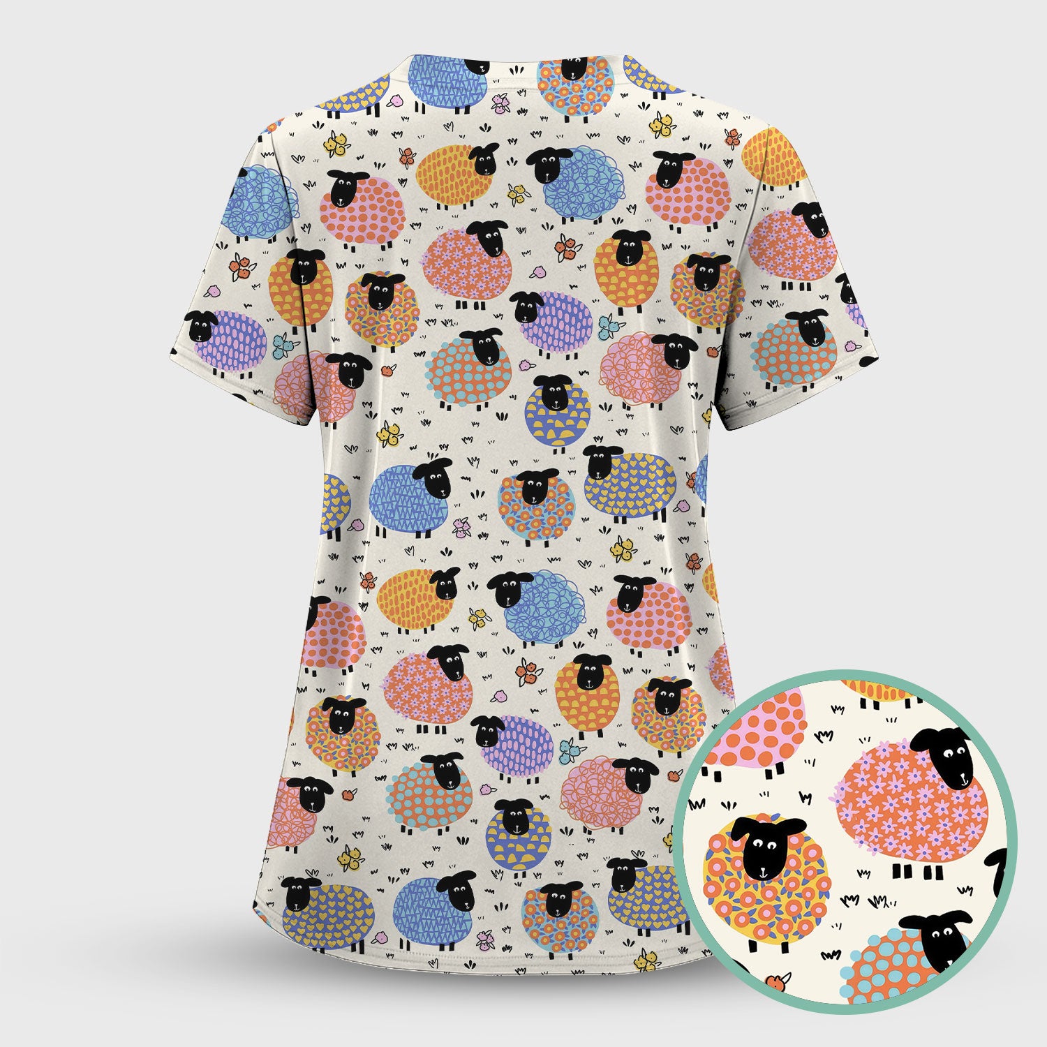 Adorable Colorful Sheep Pattern Scrubs Top, Breathable Fabrics Nursing Uniform