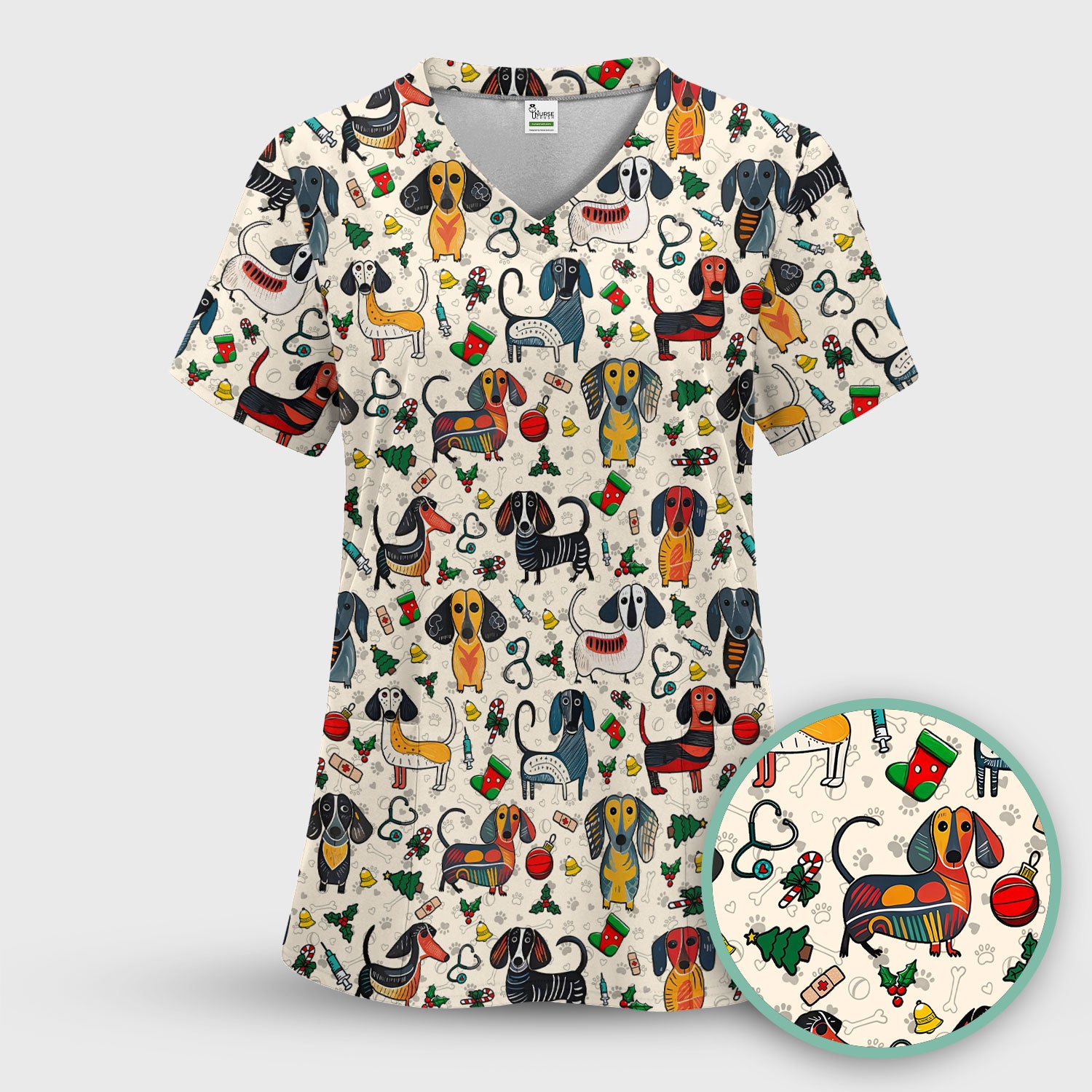 Christmas Wiener Dog Scrub Top - Funny Sausage Dog Nurse Shirt for Women - Holiday Medical Uniform