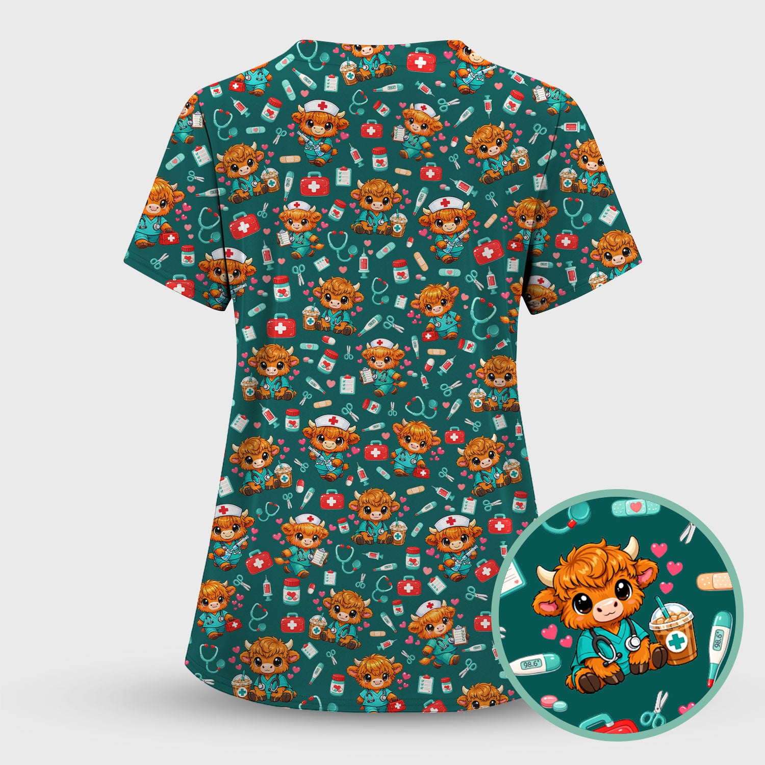 Cute Highland Cow Nurse Scrub Top, Kawaii Medical Pattern Shirt, Breathable Fabrics Nursing Uniform