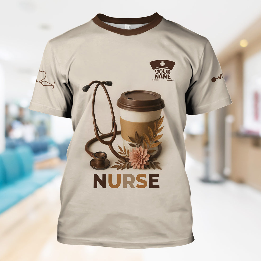 Personalized Coffee Nurse Shirt - Brown Stethoscope Floral Design - Cute Gift for RN LPN CNA Women