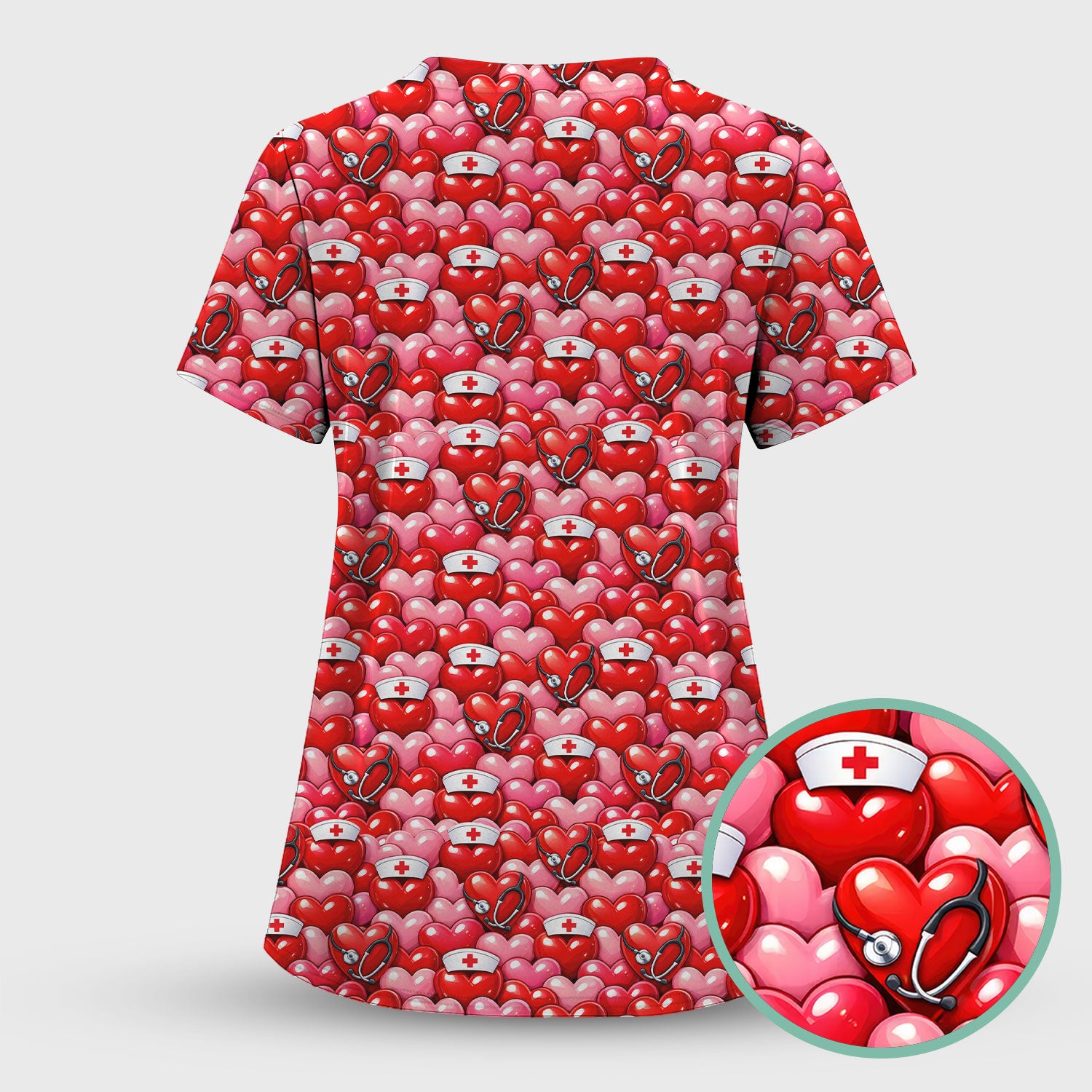 Valentine Pattern Nurse Scrub Set, Heart With Stethoscope Love Medical Shirt For Women, Breathable Fabrics Nursing Uniform
