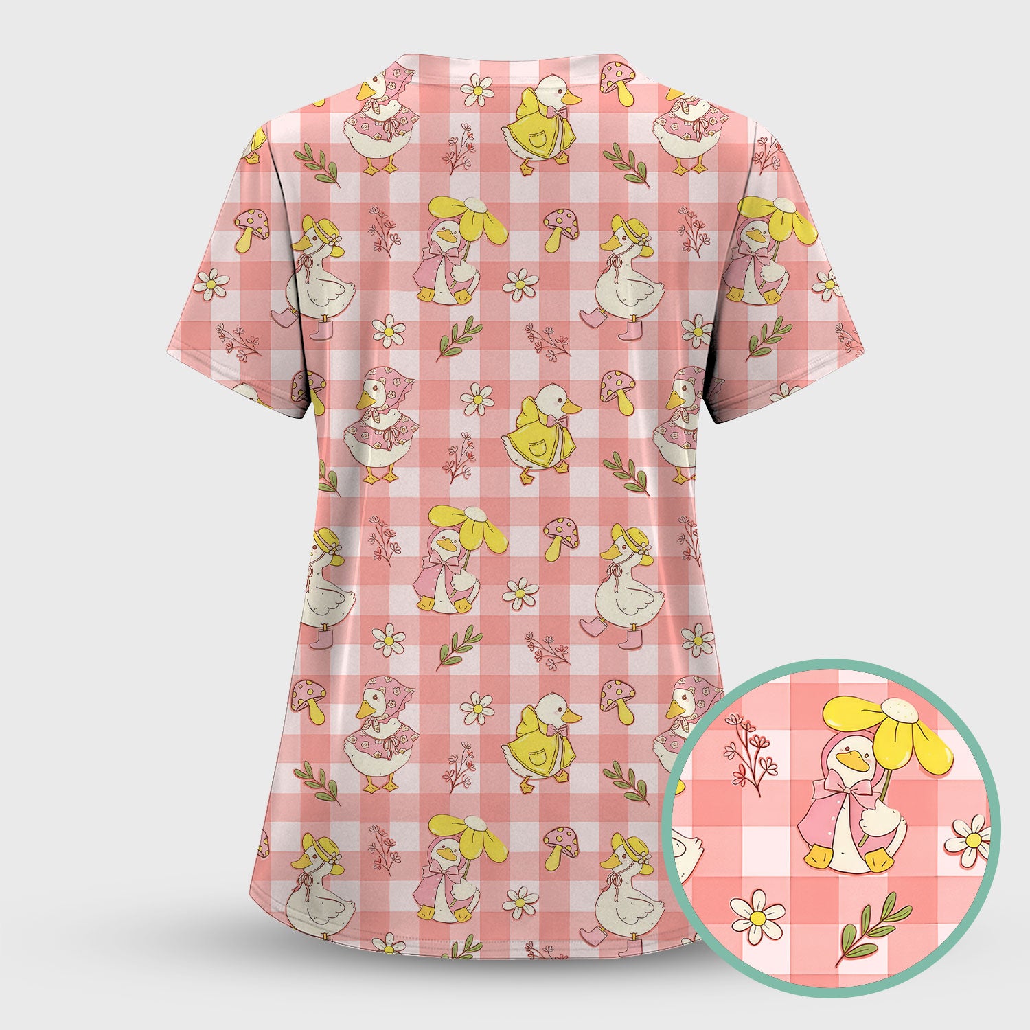 Cute Duck Outfit Gingham Pattern Scrub Top, Comfortable Scrubs for Nurses