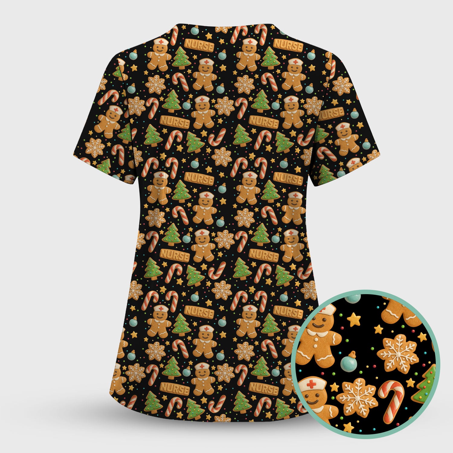 Gingerbread Scrubs Christmas Edition - Cute Cookie Pattern Medical Scrub Top for Women - Holiday Christmas Scrubs with Fun Festive Print