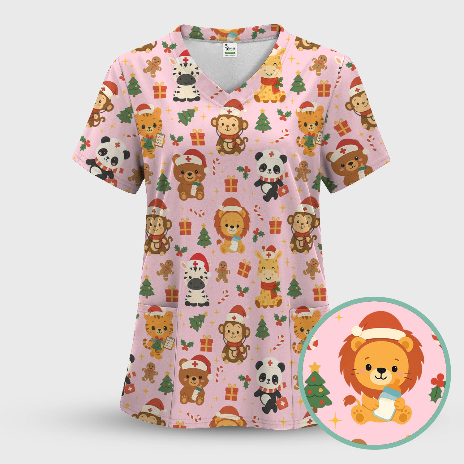 Cute Animal Christmas Nurse Scrub Top - Funny Holiday Safari Pattern Shirt for Women - Festive Nursing Gift for RN LPN CNA
