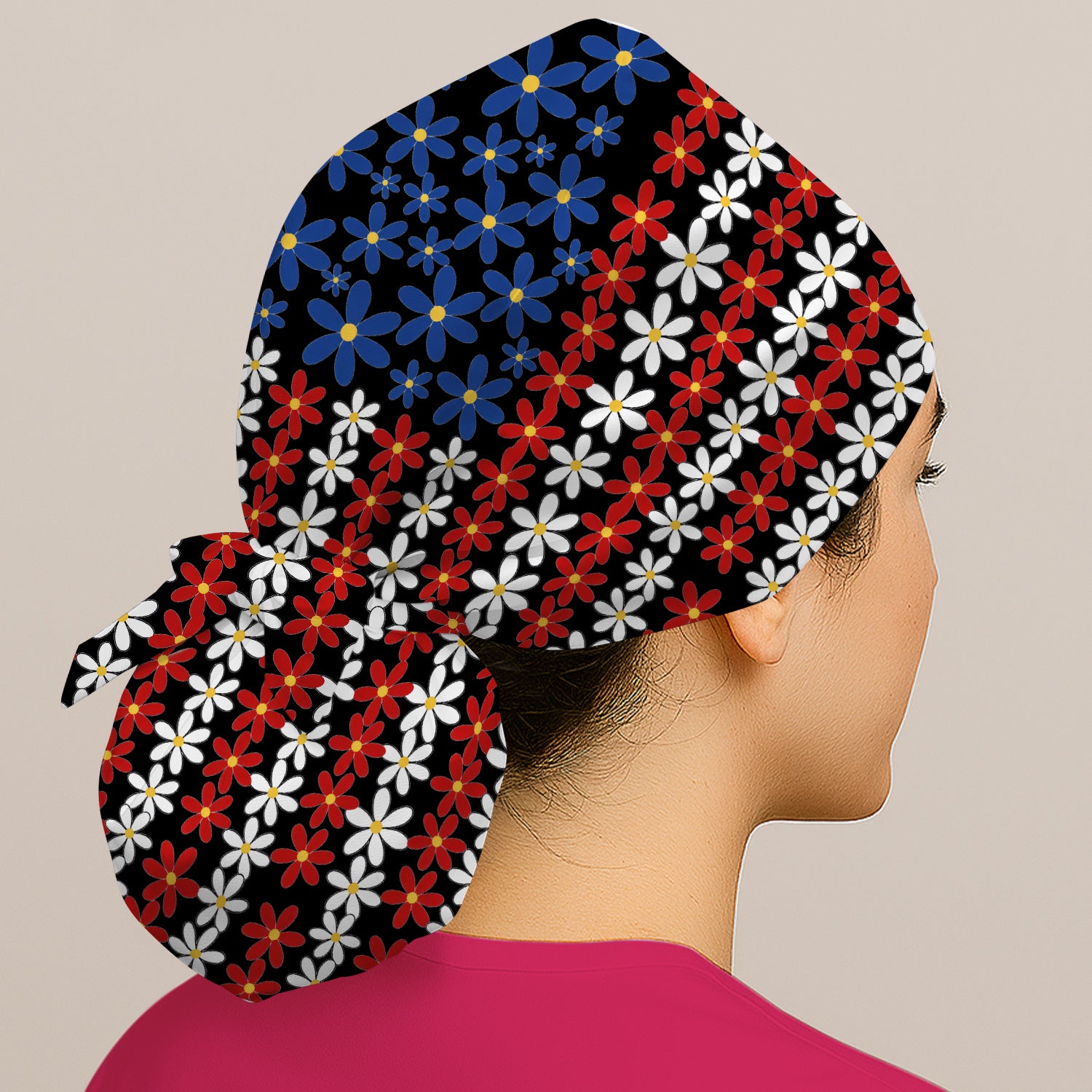 Retro Red Blue Daisy Stripe Pattern Scrub Cap, Surgical Caps for Doctors