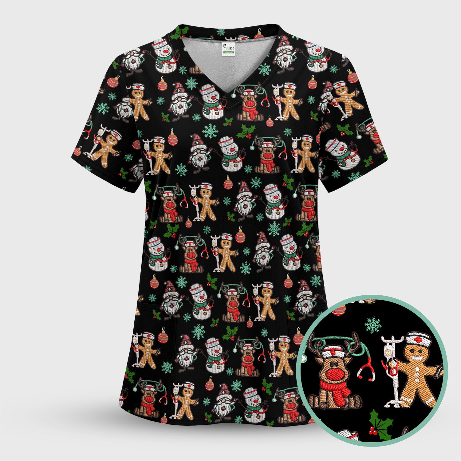 Christmas Gingerbread Scrubs for Women - Comfortable Scrubs for Nurses - Reindeer Santa Med Shirt - Breathable Fabrics Nursing Uniform
